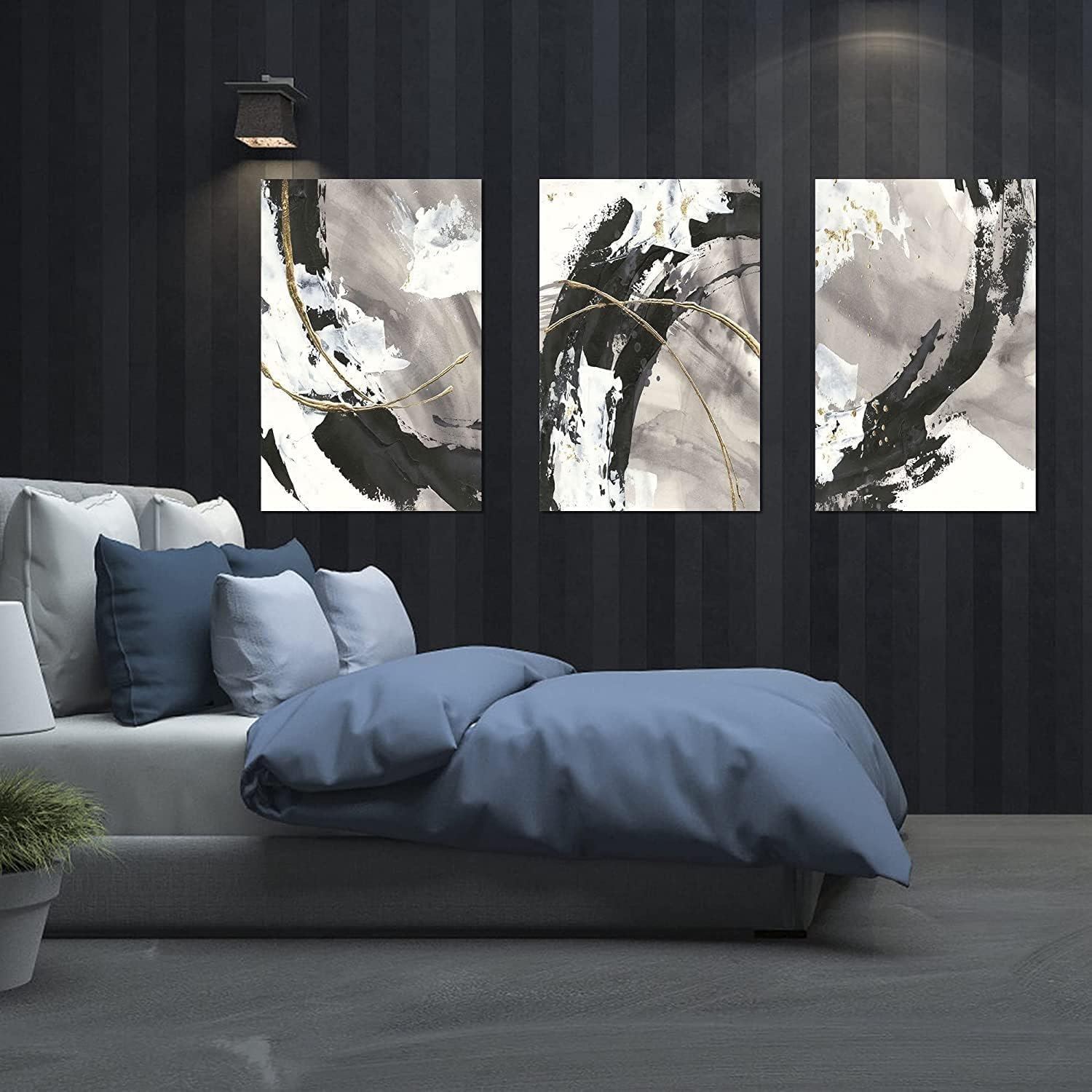 Dimpoli Lienzo abstracto para pared, 30 x 40 pulgadas, 3 paneles de líneas blancas y negras, impresiones giclée, envueltas en galería, listas para