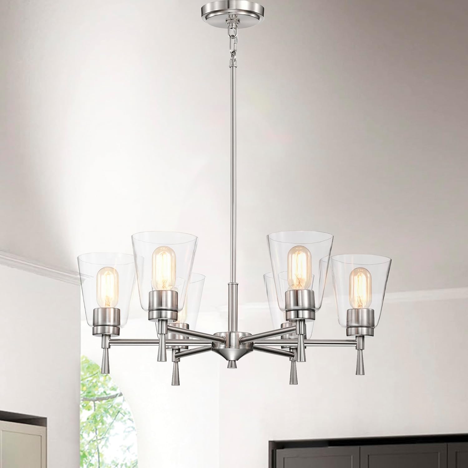 Edvivi Briarwood – Candelabro de níquel cepillado con pantallas de cristal de cono transparente, 6 luces modernas colgantes industriales para isla