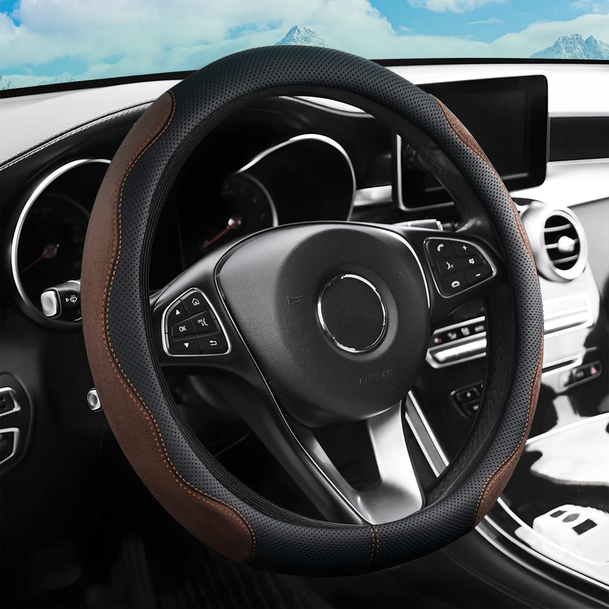 zipelo Funda para volante de automóvil de 14.5 a 15 pulgadas, protector de rueda interior de automóvil con cuero duradero, suave, transpirable,