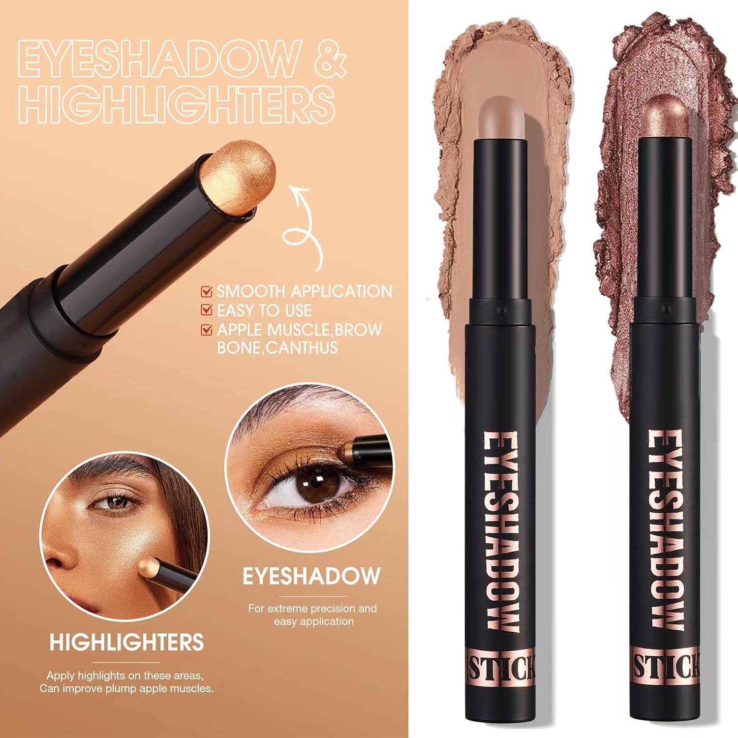 Metiplou Sombra de ojos en barra impermeable con esponja mezcladora, aplicación duradera y sin esfuerzo, fórmula a prueba de manchas y arrugas,