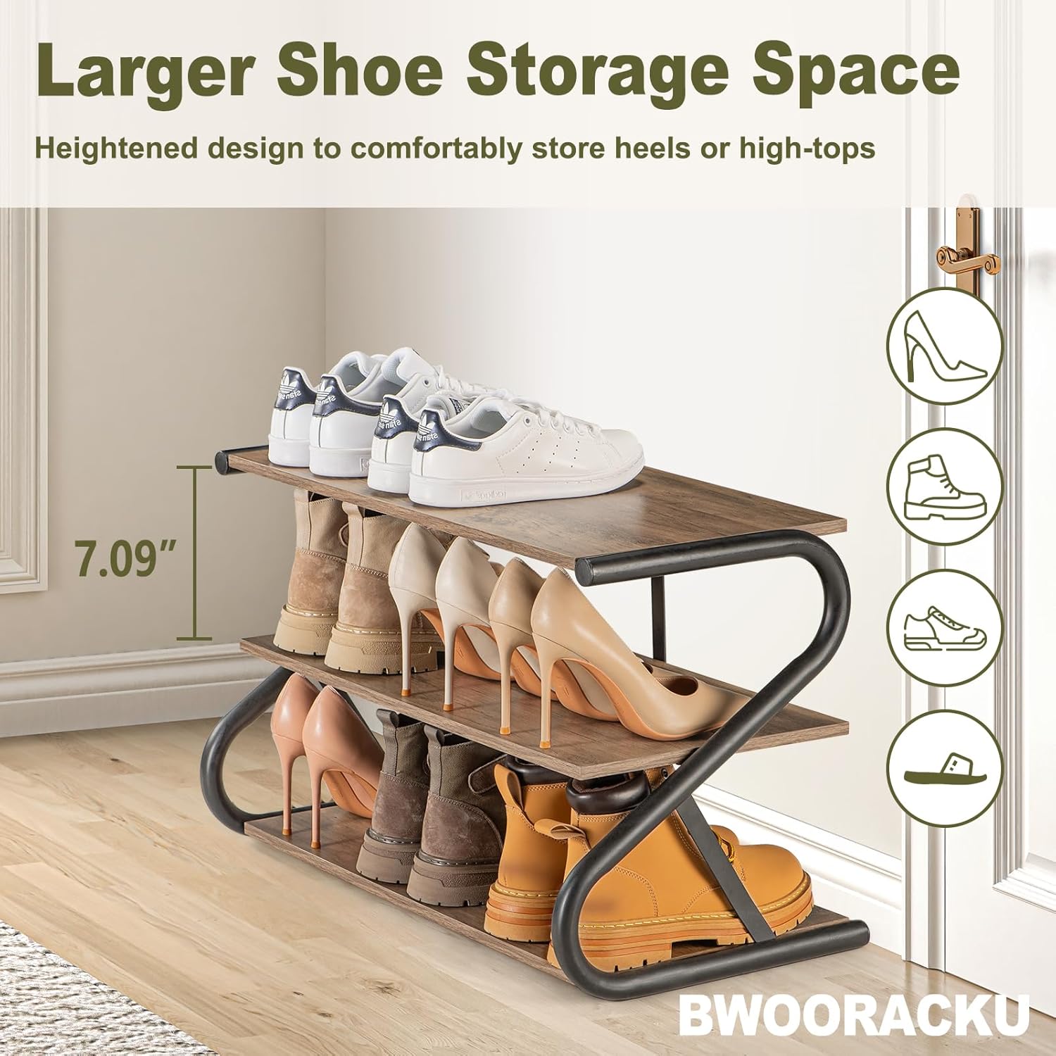 BWOORACKU Zapatero de 3 niveles, estante de zapatos en forma de Z, organizador de almacenamiento de zapatos de madera para entrada, dormitorio,