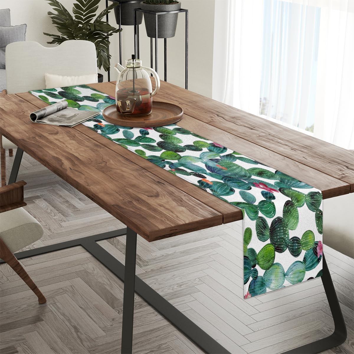 Table Runner Tropical Cactus Pattern, Rustic Linen Table Cloth, Kitchen Dining Table Decoration for Home Party Decor 13 x 48 Inches