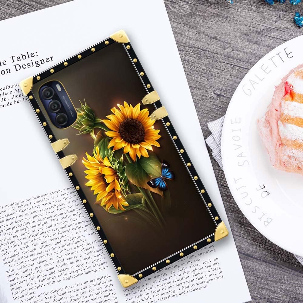 Funda para Motorola Moto G 5G 2022, diseño de girasoles de mariposa azul, 1 funda cuadrada para niñas y mujeres, funda decorativa de metal de lujo,