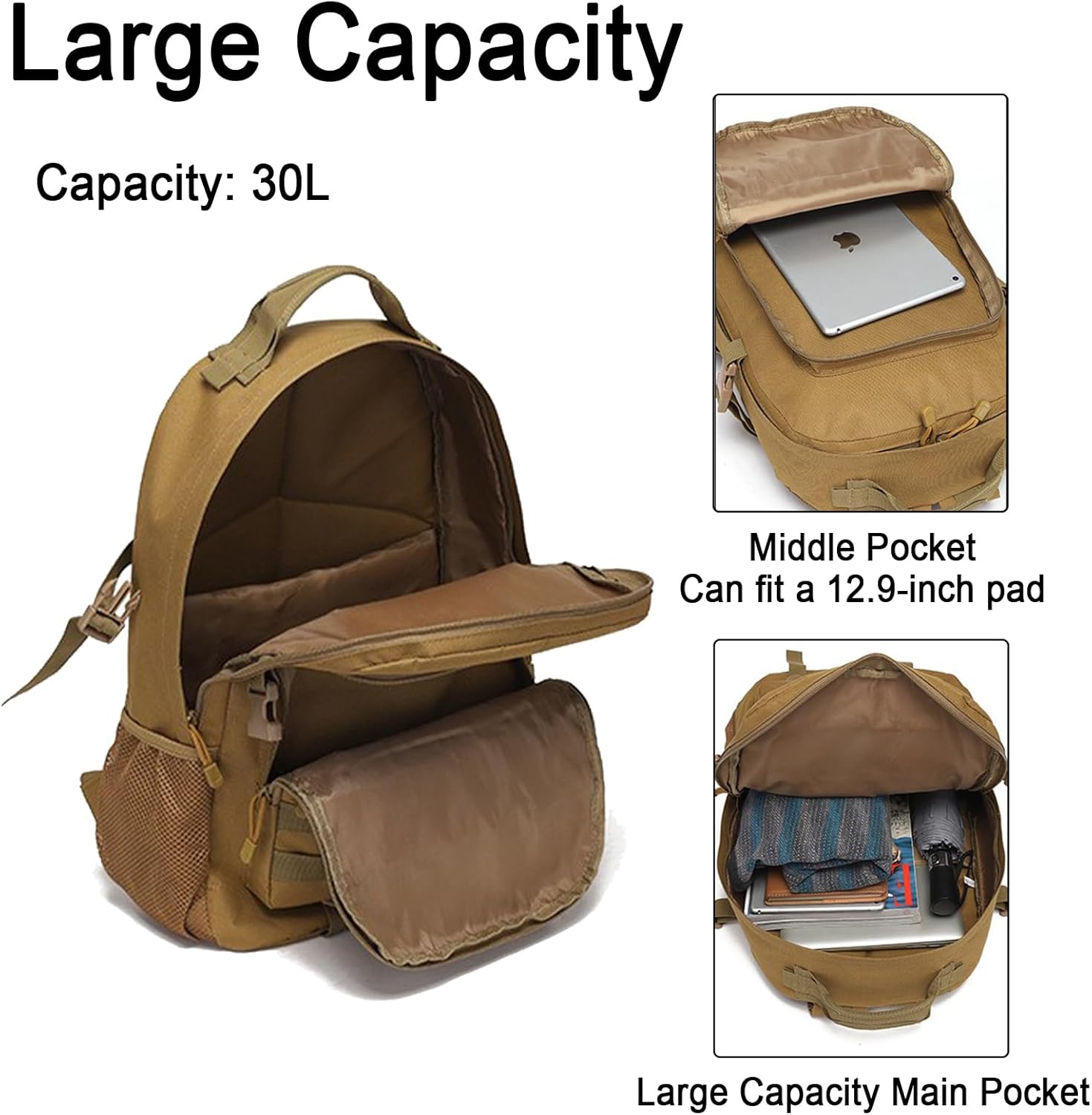 Aocmpxs Mochila táctica militar, mochila de senderismo de 30L resistente al agua, mochilas de asalto de 3 días, paquete Molle Army, ACU, Exteriores