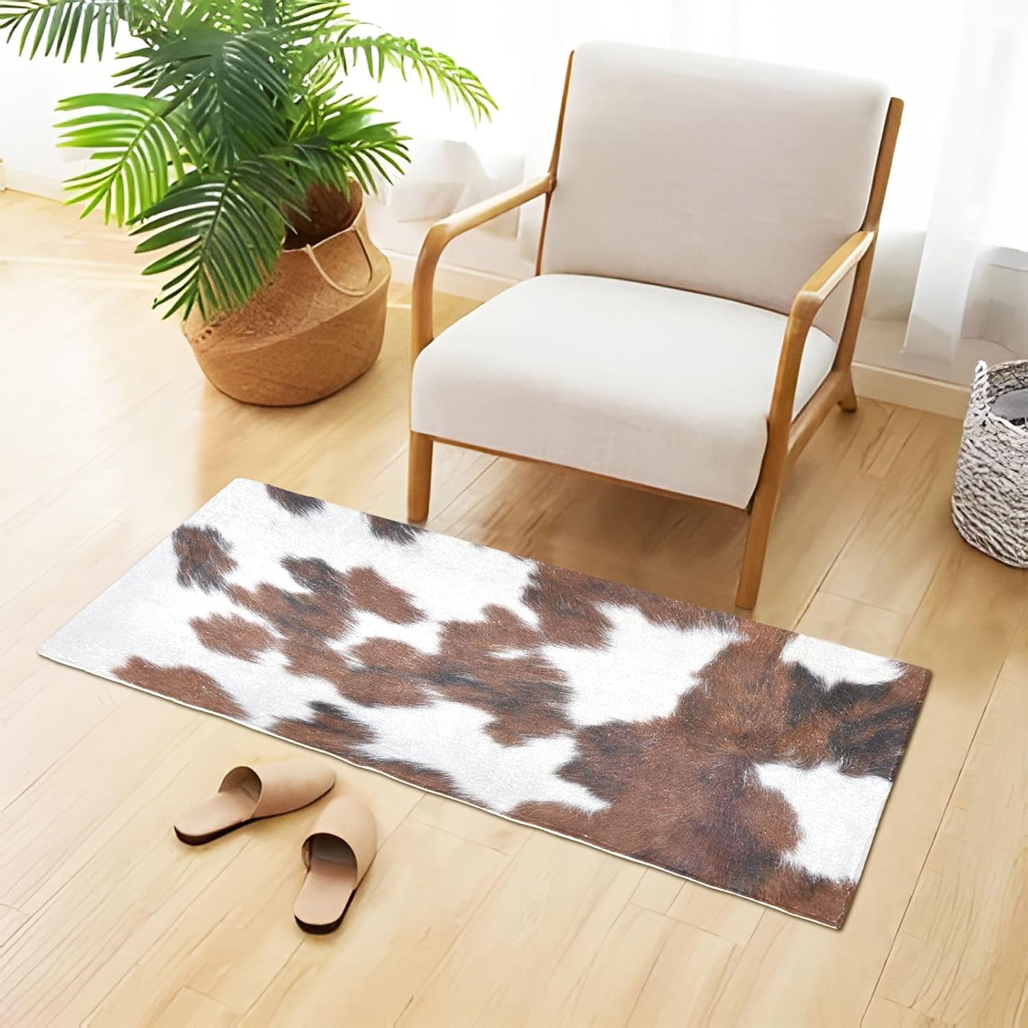 Joisal Tapetes de felpa de vaca con estampado de vaca blanco y marrón para baño, alfombra de baño absorbente antideslizante, alfombra de baño