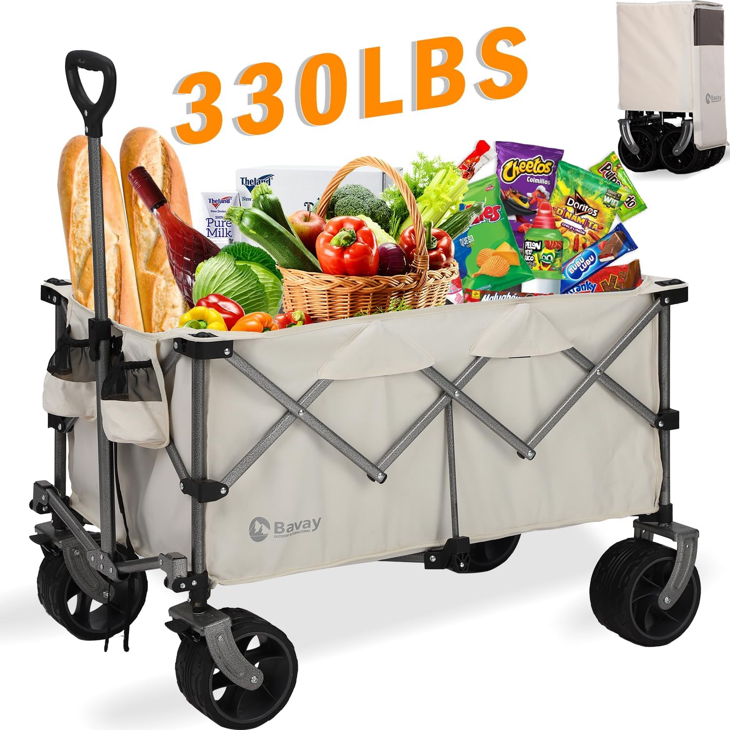 Carro de playa de 220 litros con ruedas grandes, plegable con capacidad de 330 libras, vagones de comestibles utilitarios con frenos, carrito de