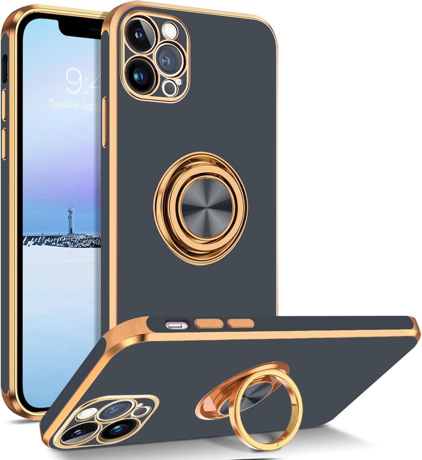 BENTOBEN Funda para iPhone 13 Pro Max, ajuste delgado, soporte de anillo de 360, a prueba de golpes, soporte magnético para automóvil, soporte de