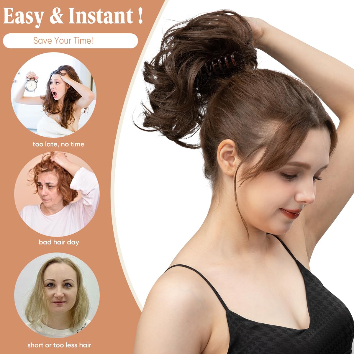 CJL HAIR Extensiones de cabello corto con clip de garra, cola de caballo de metales flexibles, moño desordenado, extensiones de cabello ondulado y