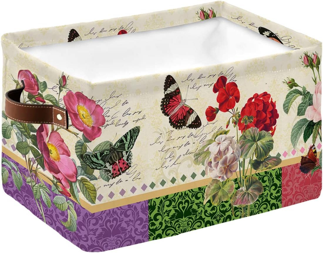 Retro Botanical Storage Basket for Organizing Shelves, Collapsible Storage Bins Boxes with Handle, Spring Floral Butterfly Modern Abstract Art