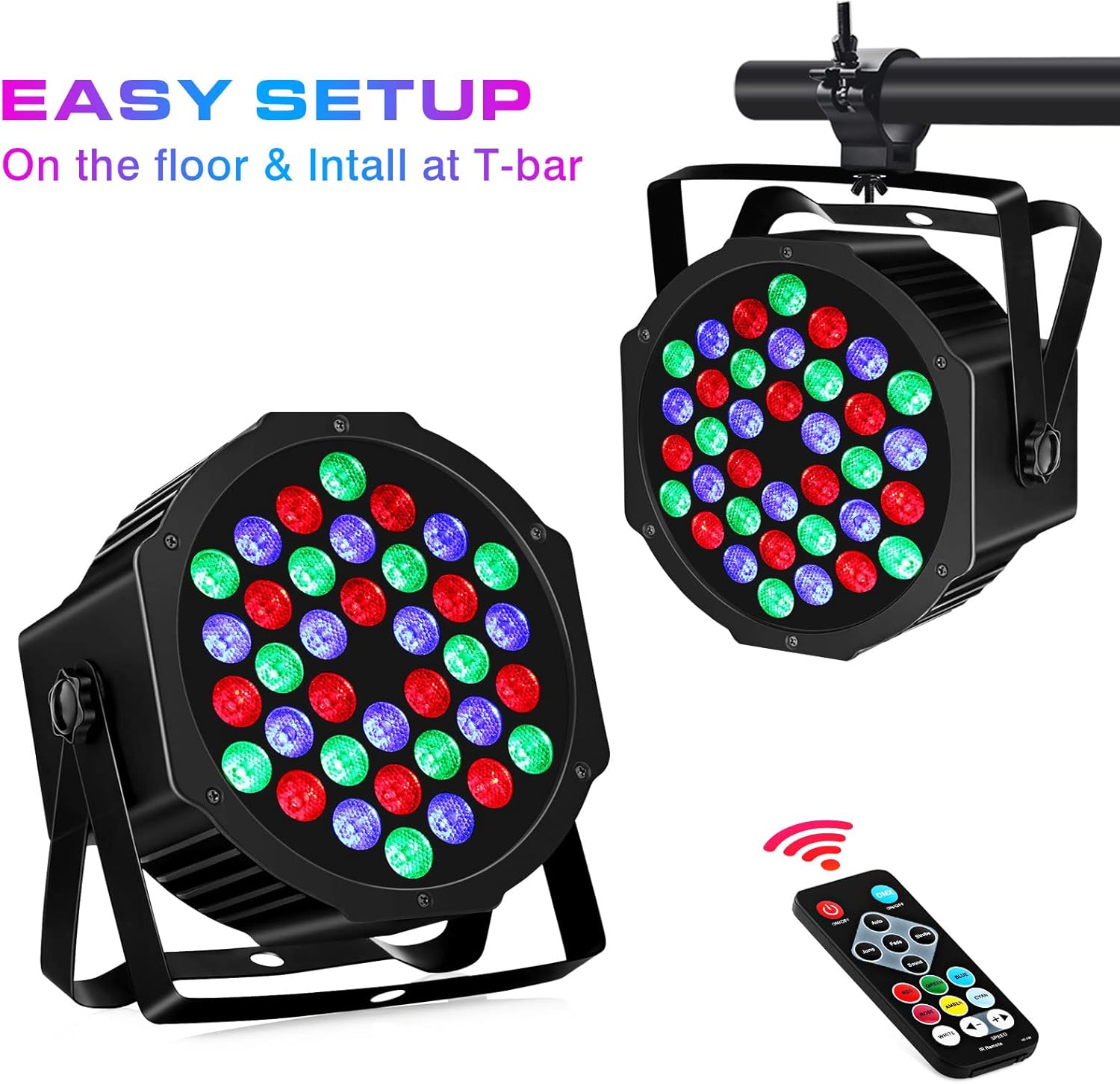 Luces Par de 36 LED alimentadas por batería, RGB de 36 W, paquete de 2 luces activadas por sonido, reproducción automática por control remoto DMX