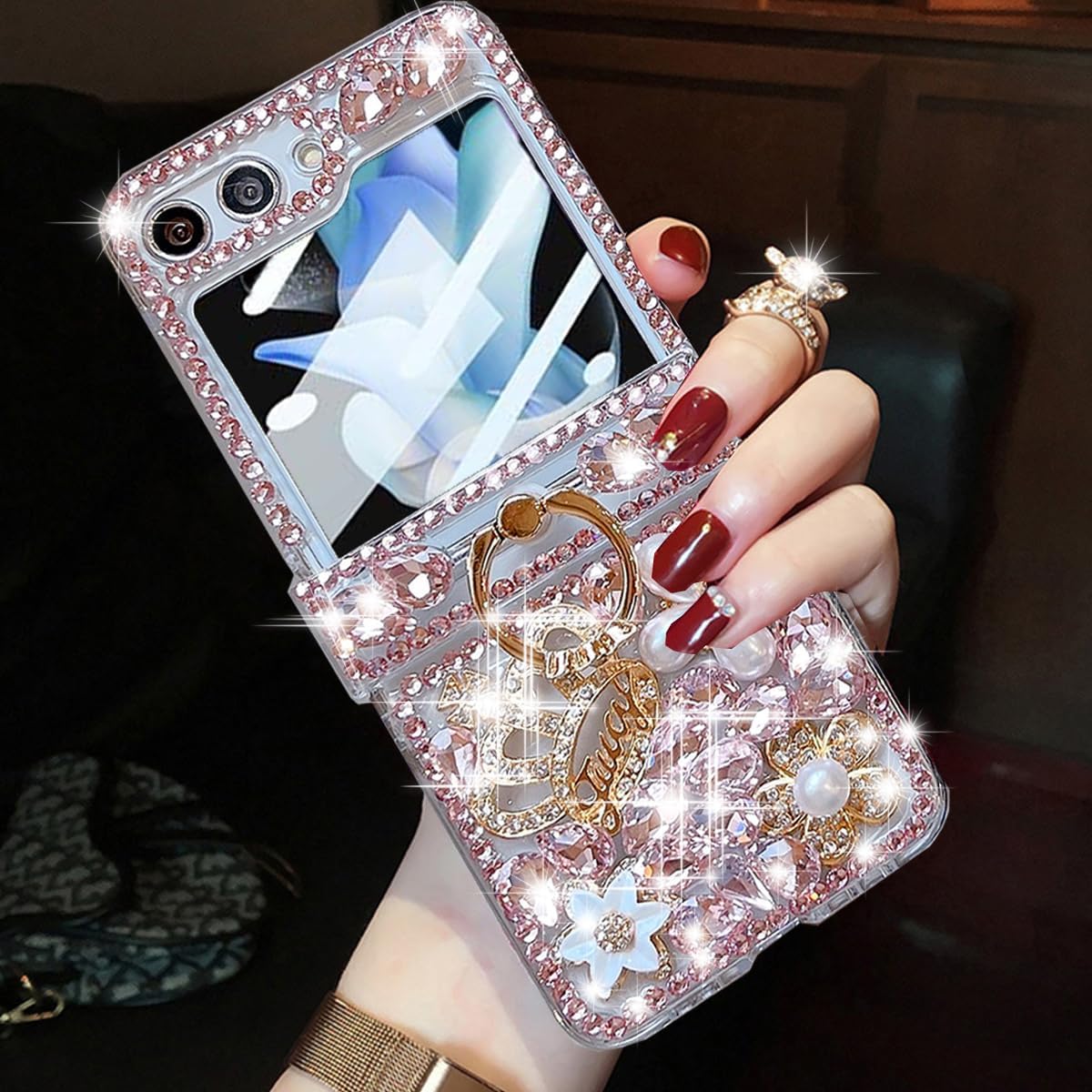 Changjia Funda para Samsung Galaxy Z Flip 5 con purpurina y soporte para anillo de protección de bisagra, bonita y lujosa corona 3D de diamantes de