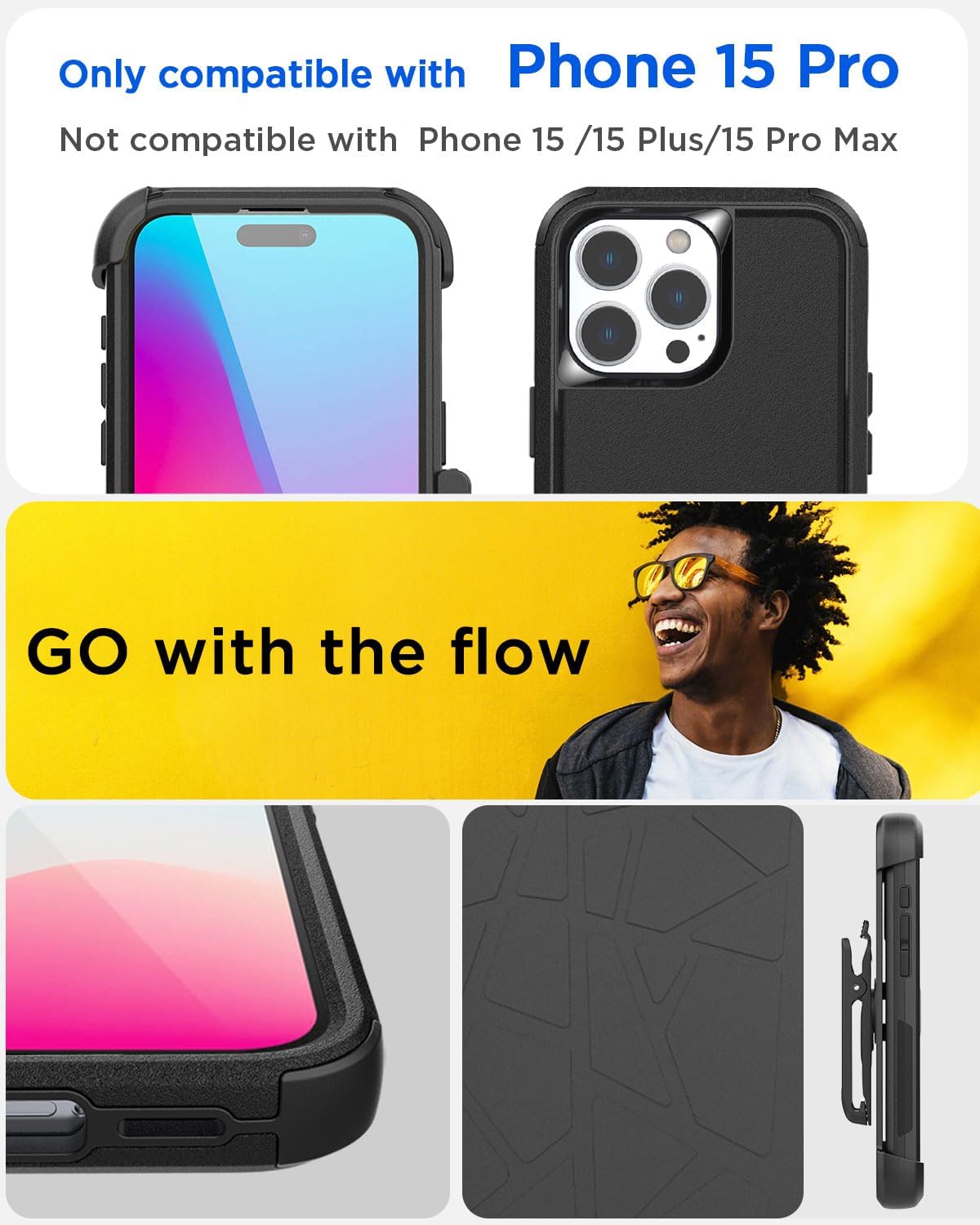 AICase Funda para cinturón compatible con iPhone 15 Pro + protector de vidrio + lente de cámara, resistente de 3 capas de protección de grado