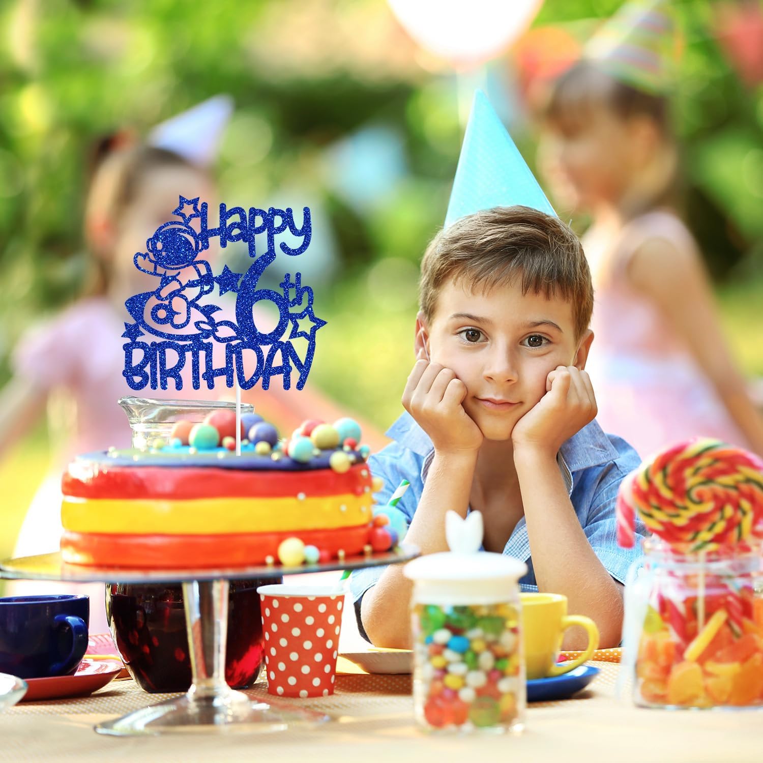 Space Happy 6th Birthday – Decoración para tartas de 6 años, decoración de fiesta de cumpleaños temática de astronautas para niños y niñas