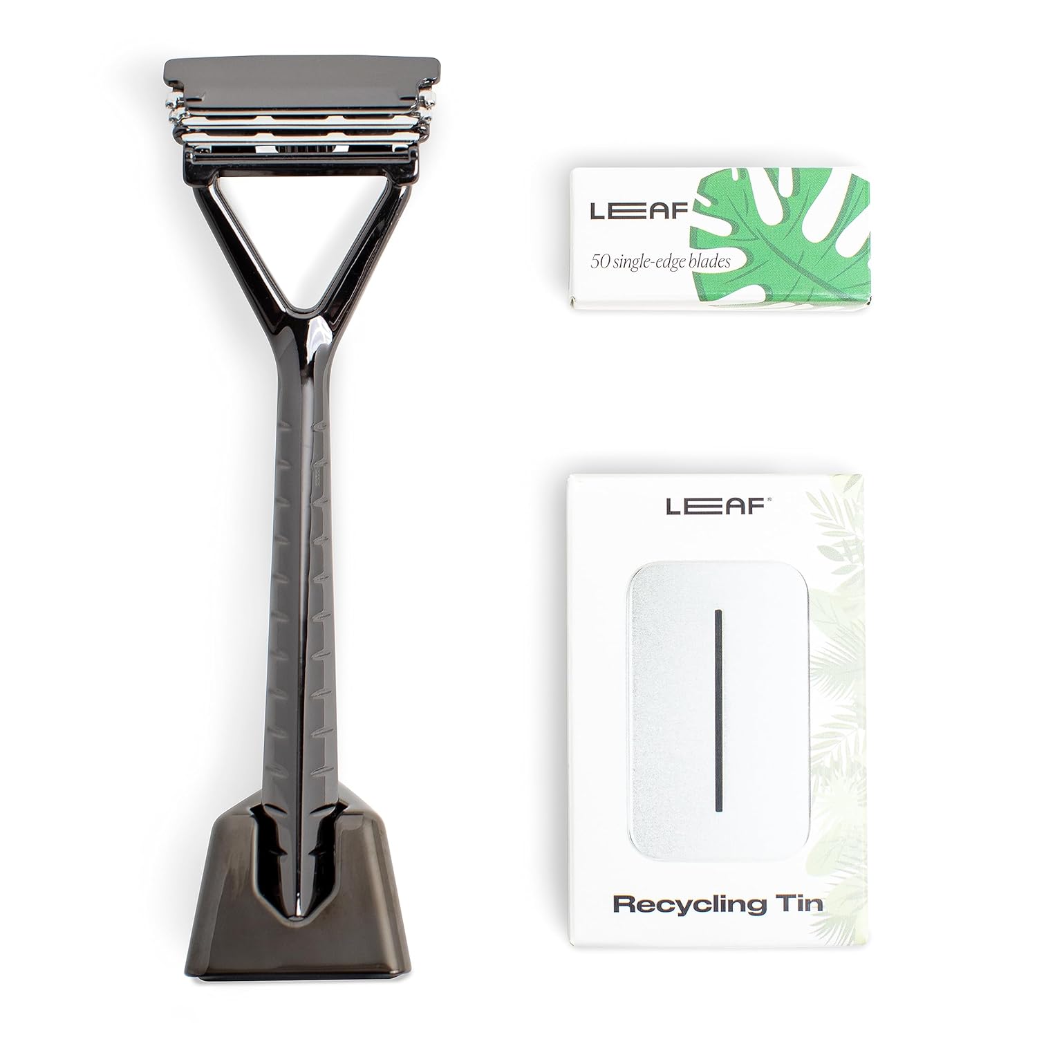 Leaf Shave El juego de maquinilla de afeitar Leaf Mercury incluye 1 maquinilla de afeitar de hojas, 1 soporte para maquinilla de afeitar a juego, 1