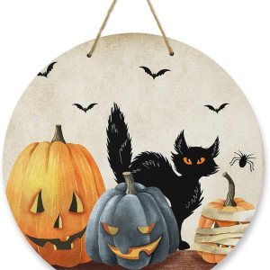 Letrero de bienvenida para decoración de puerta delantera, calabaza de Halloween, gato negro, murciélago, cuervo, coronas de 10 pulgadas, decoración Letrero de bienvenida para decoración de puerta delantera, calabaza de Halloween, gato negro, murciélago, cuervo, coronas de 10 pulgadas, decoración