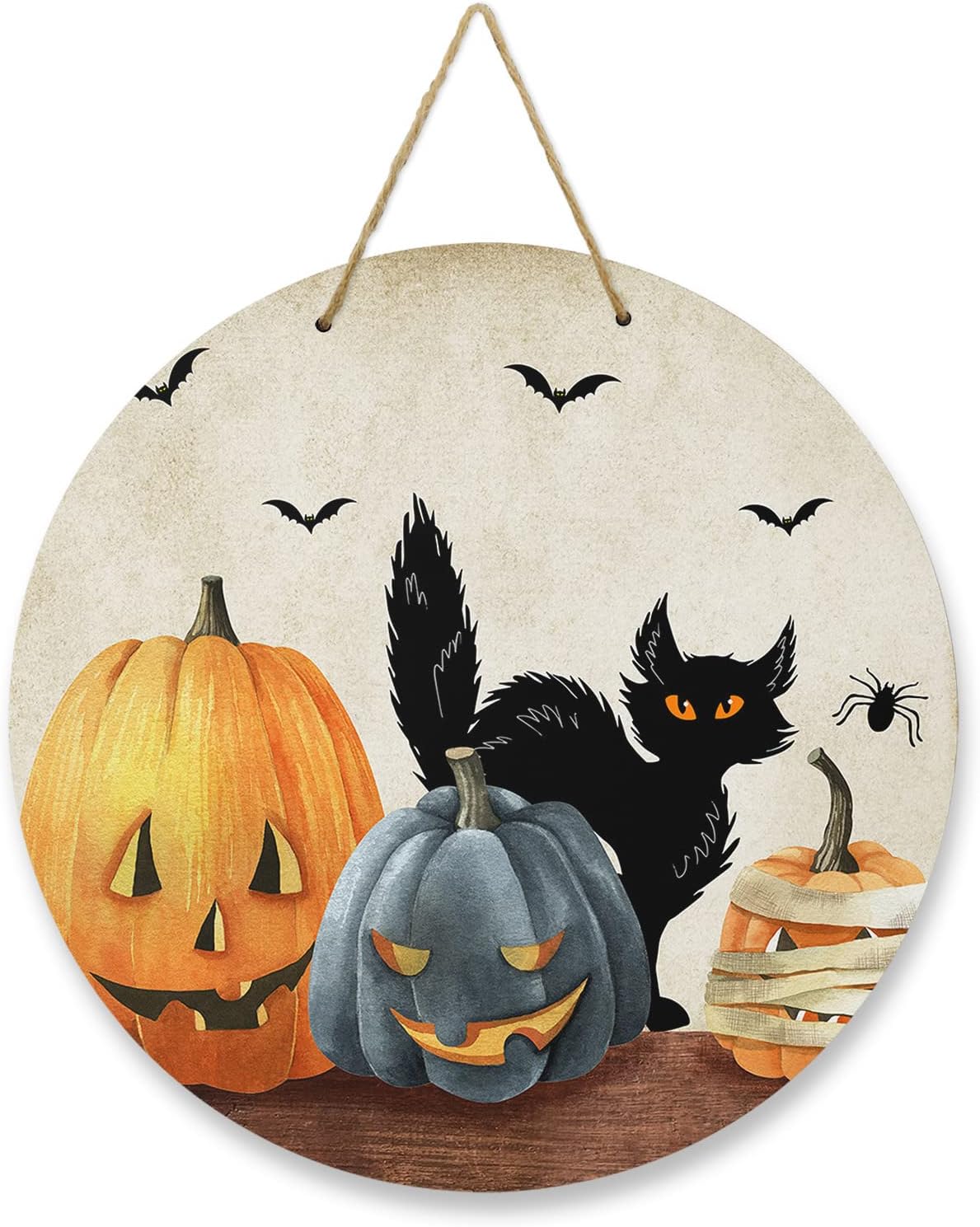 Letrero de bienvenida para decoración de puerta delantera, calabaza de Halloween, gato negro, murciélago, cuervo, coronas de 10 pulgadas, decoración