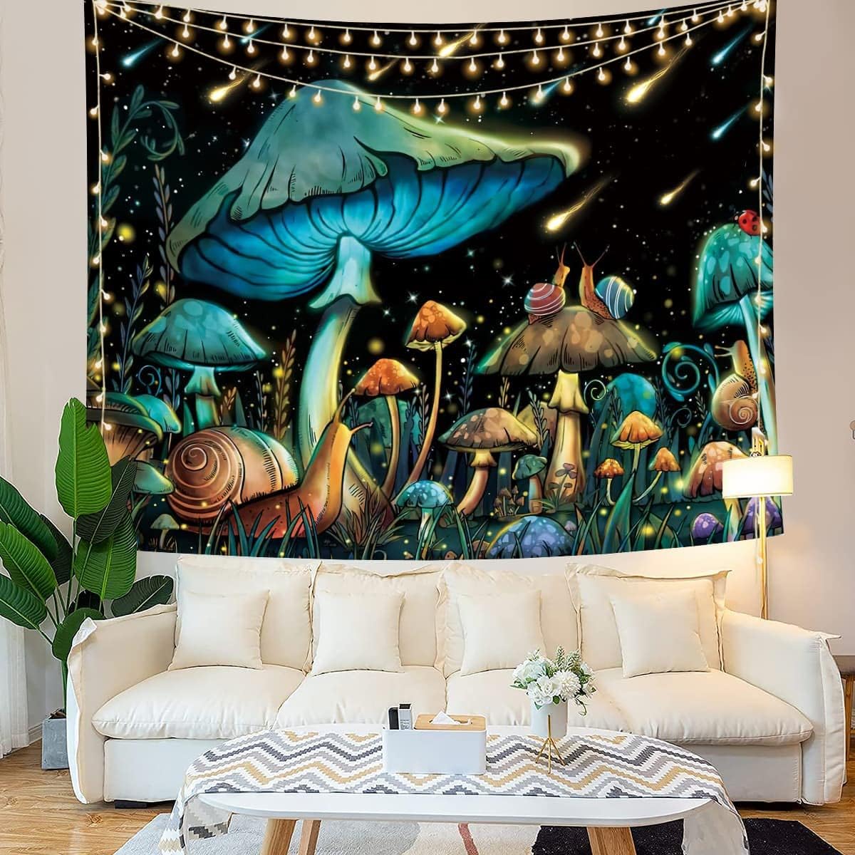 ARTCREATOR Tapiz anime de hongos, lluvia de meteoros, caracol, lindo tapiz para dormitorio, tapiz estético para colgar en la pared para dormitorio