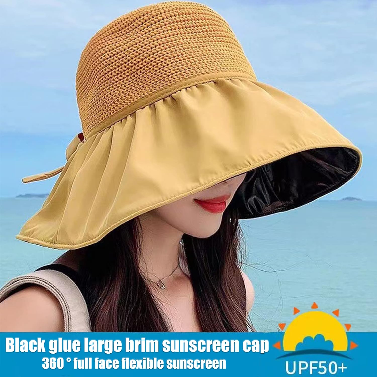 Sombrero de sol para mujer, sombrero de paja con protector solar de playa, sombrero plegable de borde ancho, banda resistente al viento y manga de