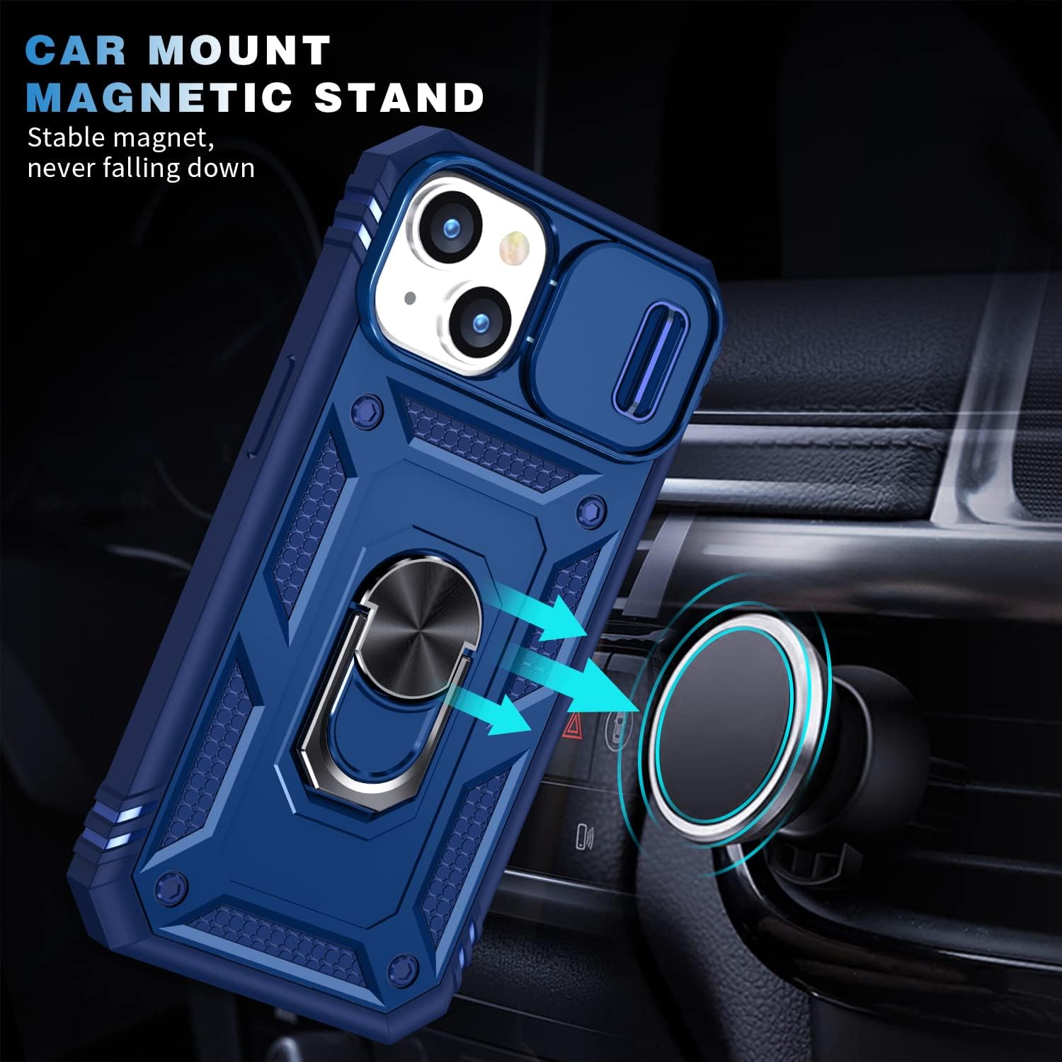 PASNEW Funda para iPhone 14 Plus, soporte de 360 y cubierta deslizante de cámara, resistente militar, cuerpo completo, a prueba de golpes, carcasa