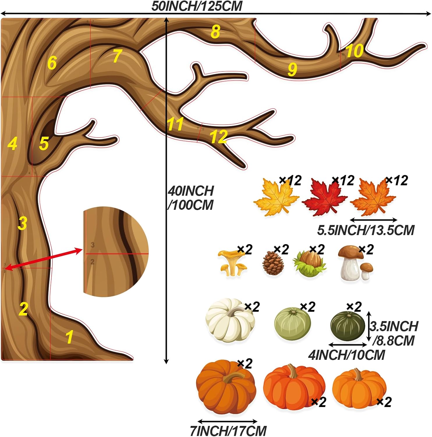 Juego de tablón de anuncios de árbol grande de 4 pies, decoración de tablón de anuncios de otoño con hojas de arce, recortes de calabazas para aula,