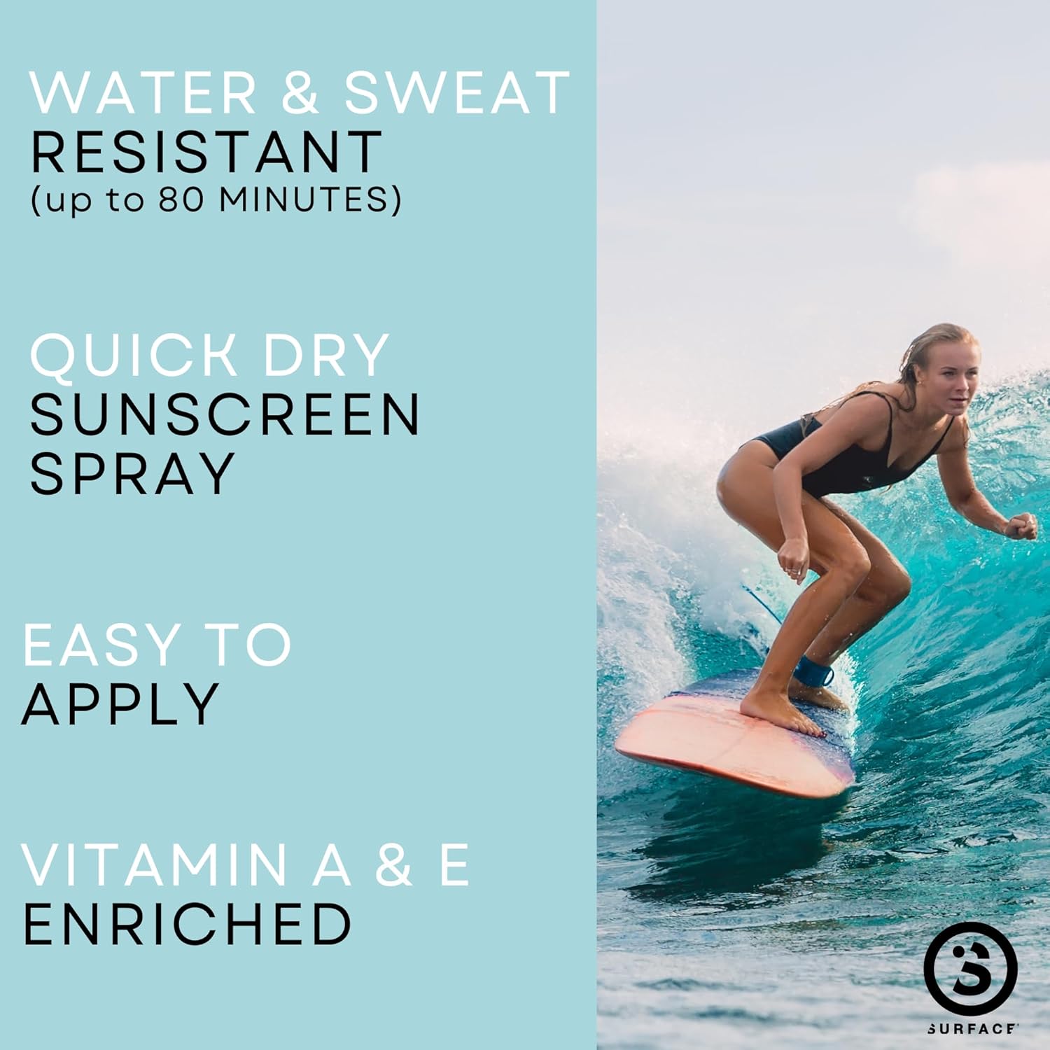 Protector solar en aerosol Surface Dry Touch, resistente al agua, amplio espectro UVAUVB, protección de secado rápido, libre de PABA, 6 onzas, SPF