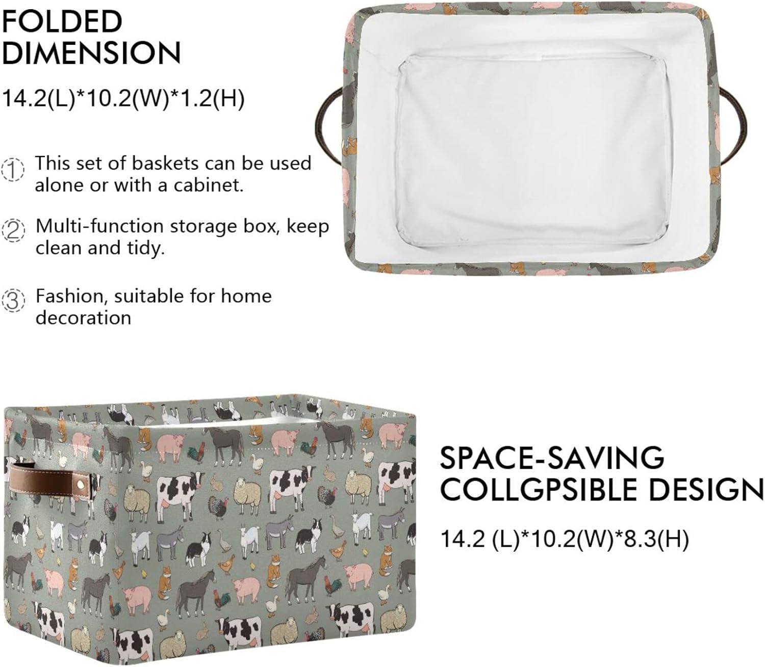 xigua Cesta de almacenamiento de animales de granja, cesta organizadora de almacenamiento, caja de almacenamiento rectangular plegable con asas para