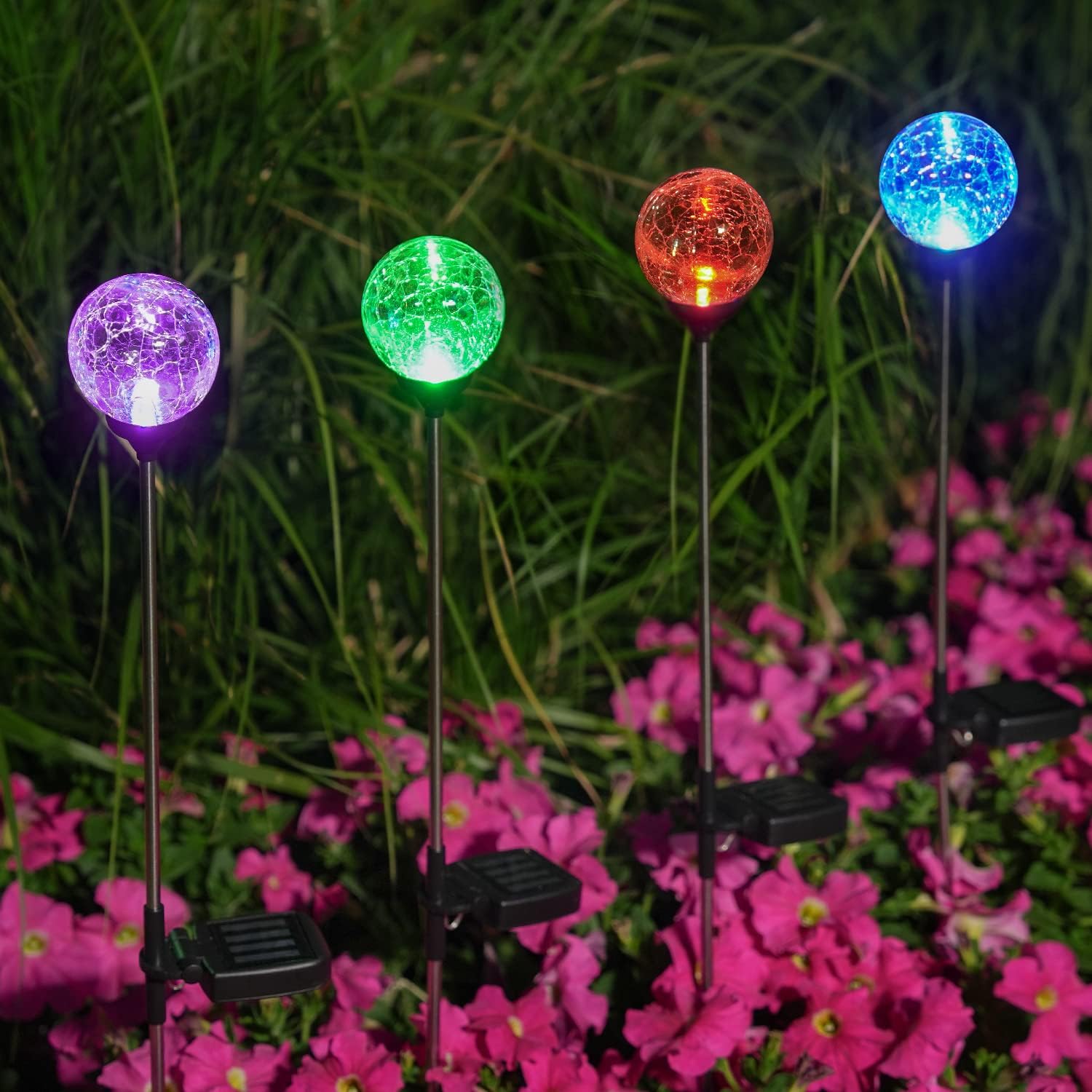 Luces solares para exteriores, paquete de 4 luces LED solares de cristal agrietado de cristal, luces solares de bola de estaca que cambian de color,