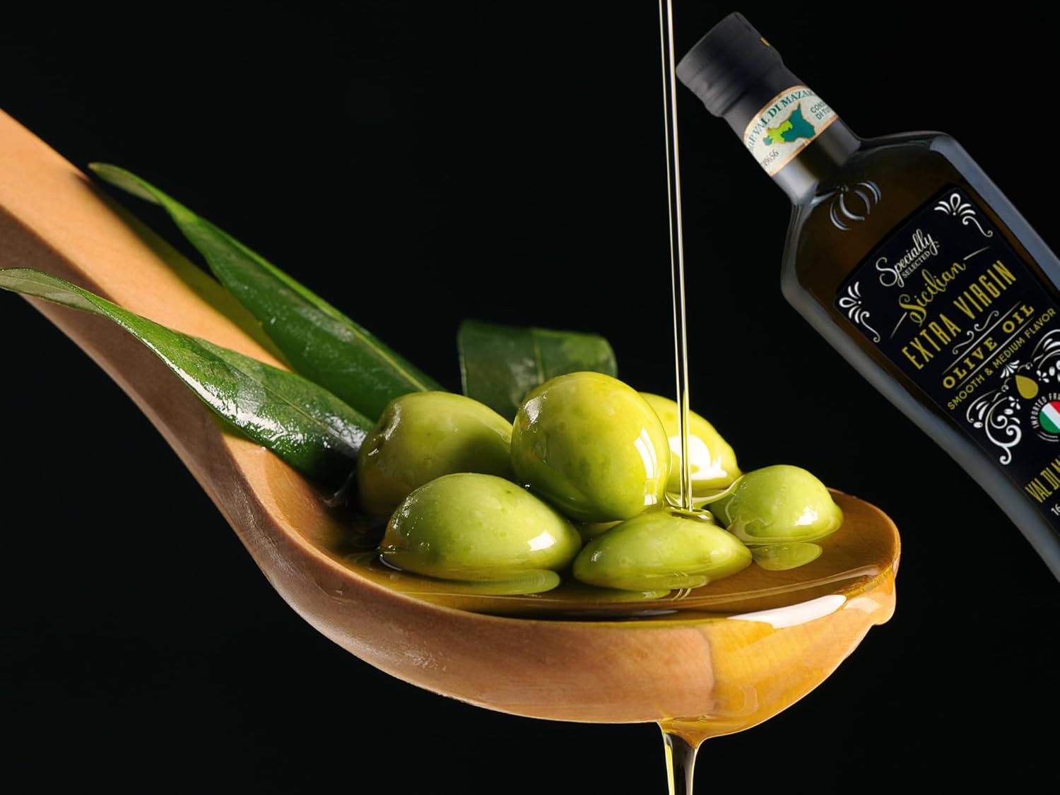 Aceite de oliva virgen extra siciliano, 16.9  Aceites de cocina especialmente seleccionados con bolsa ecológica  Sabor medio suave con aceitunas sin