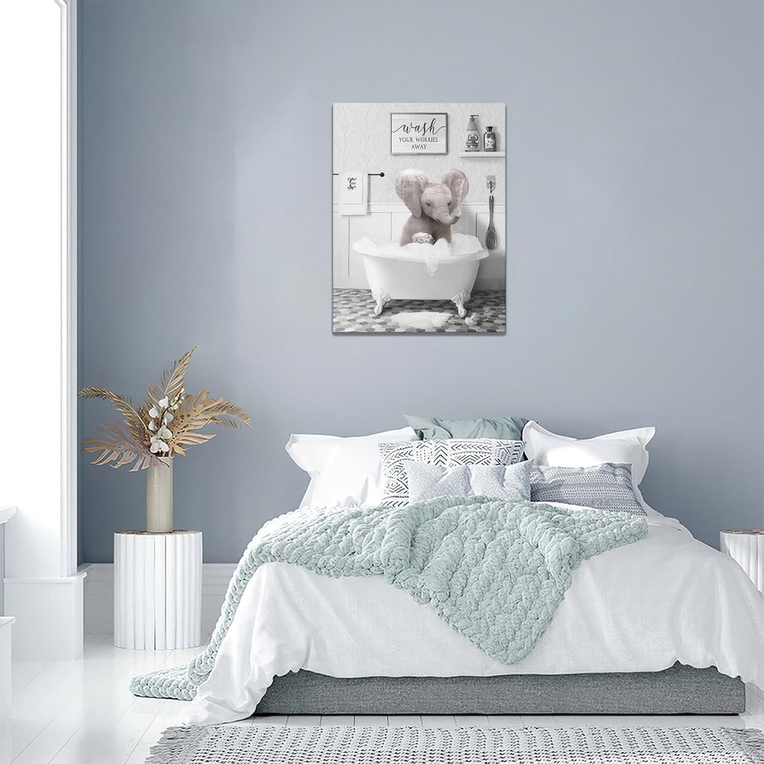 Divertido arte de pared de elefante para baño, fotos de elefante para bañera, decoración de pared de animales en blanco y negro, letrero de baño,