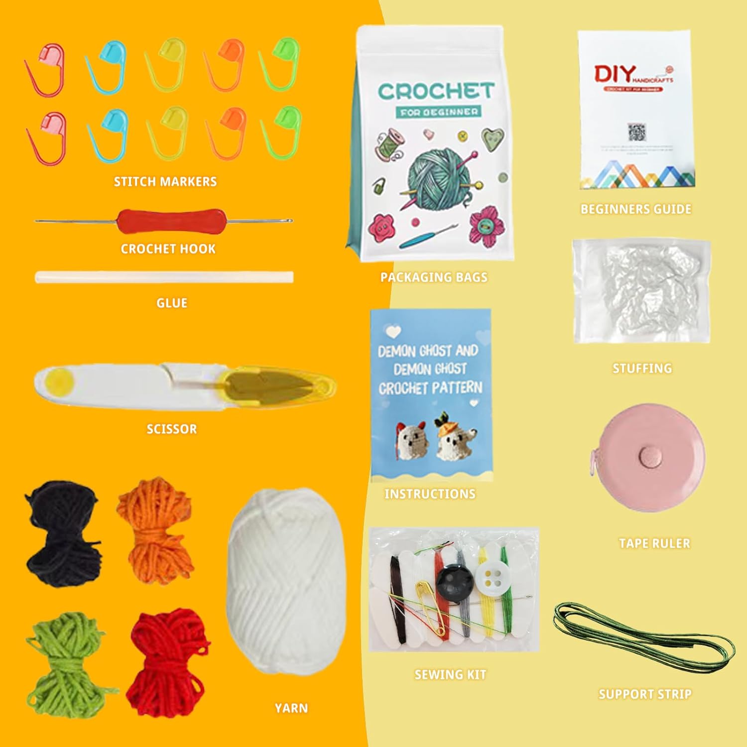 Kit de ganchillo para principiantes que brillan en la oscuridad, kit de inicio de ganchillo con tutoriales en video paso a paso, muñeca fantasma,