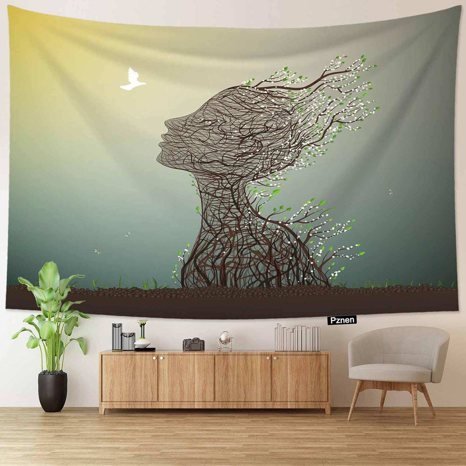 Pznen Tapiz abstracto de retrato de mujer de 80 x 60 pulgadas, silueta de mujer, paloma, primavera, flores blancas, paloma, vibrante brote de árbol,