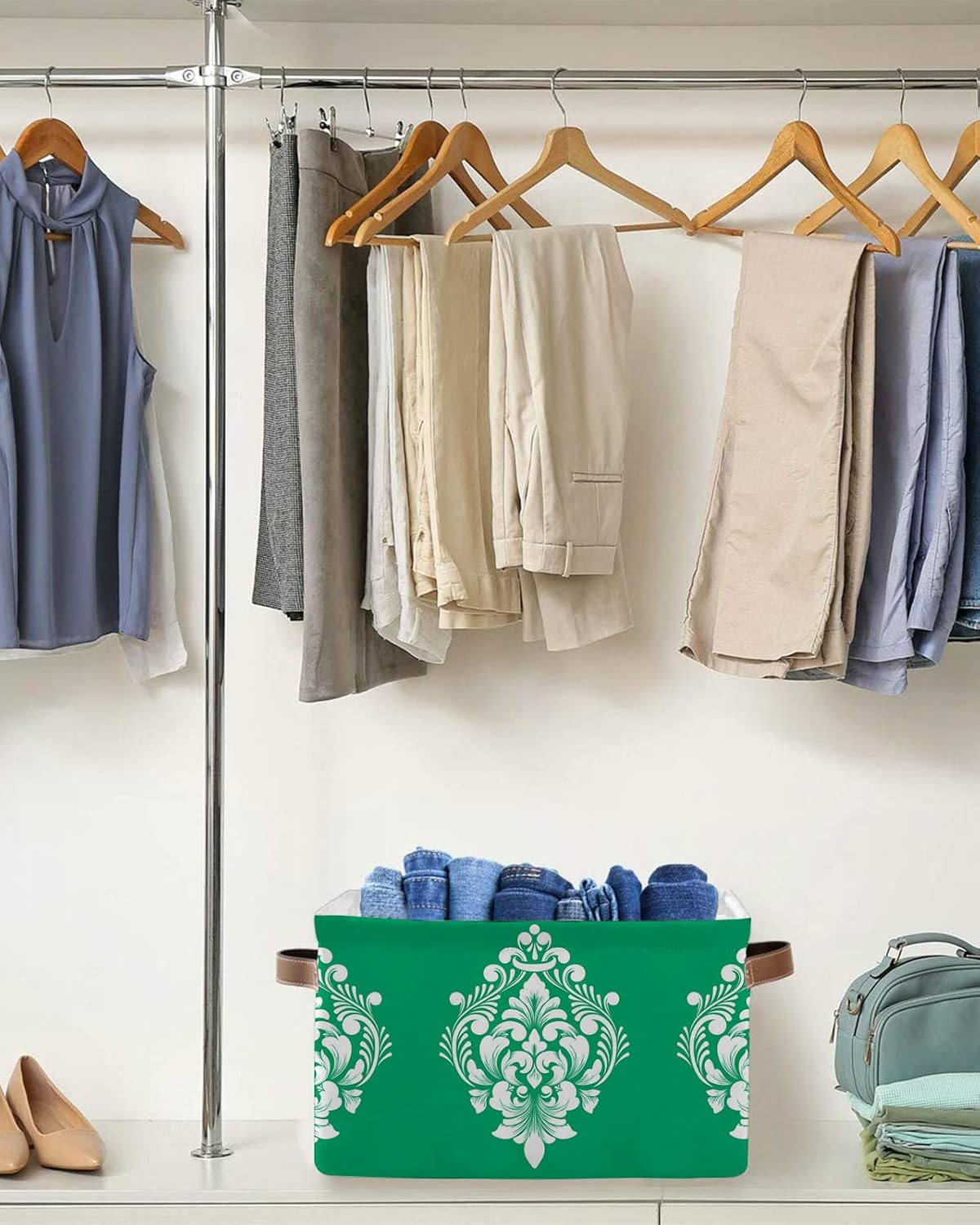 Cesta de almacenamiento de cachemira verde para organizar estantes, cajas de almacenamiento plegables con asa, lujosa canasta de lona moderna y