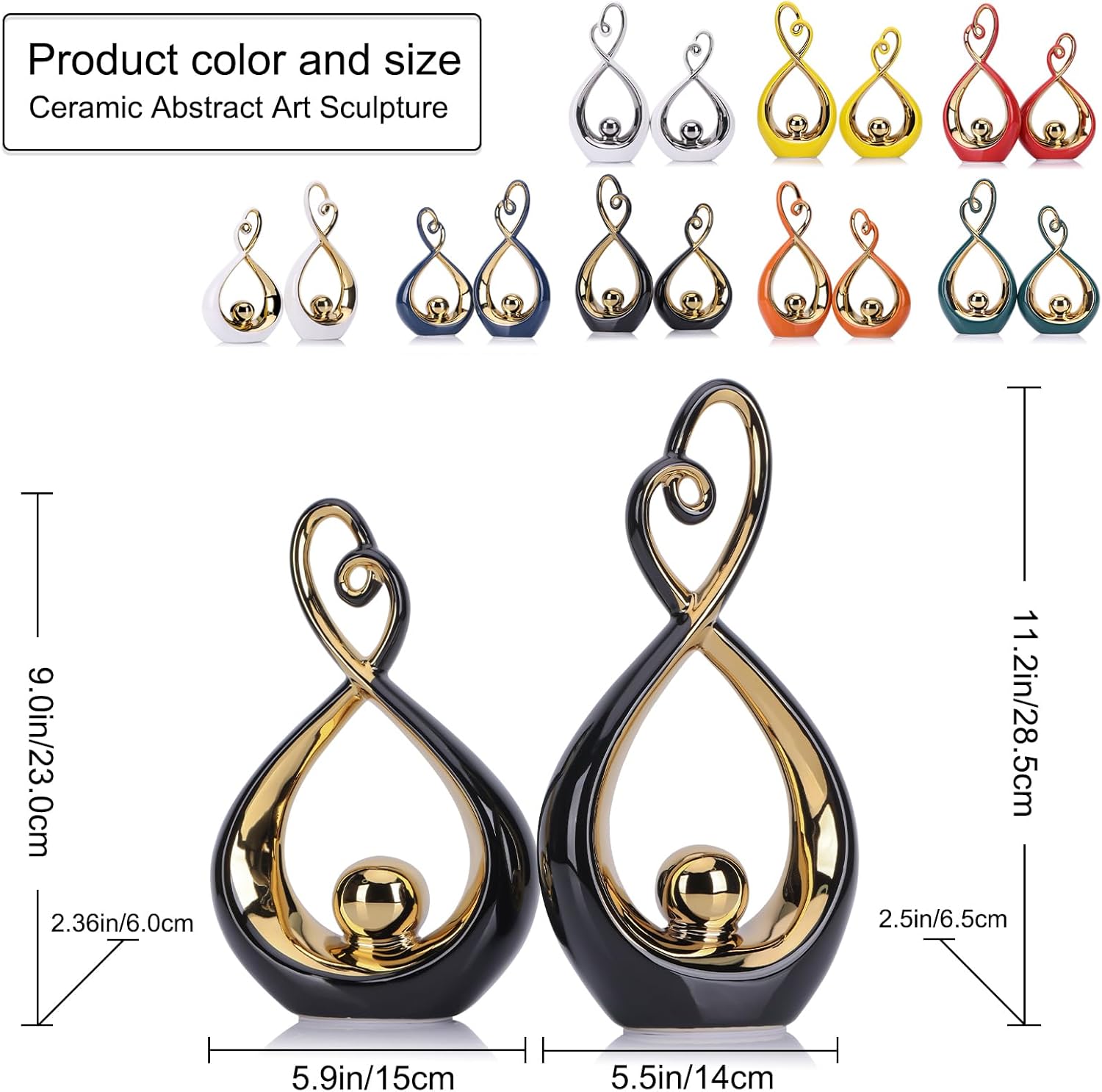 Acento decorativo negro, arte de porcelana de mediados de siglo, decoración moderna en negro y dorado y centros de mesa negros para mesas, escultura