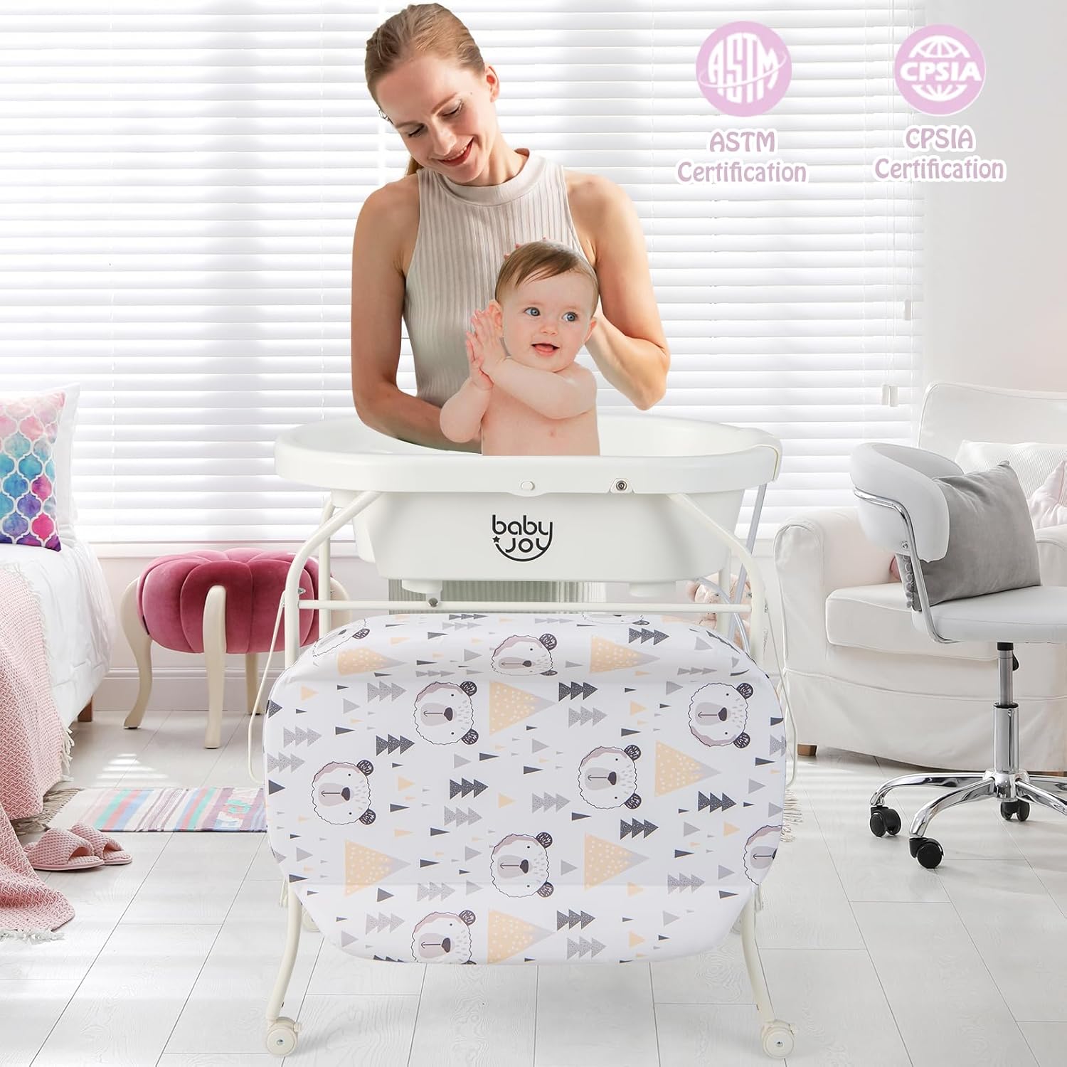 BABY JOY Bañera para bebé con cambiador, estación plegable para cambiar pañales con bandeja de almacenamiento, almohadilla impermeable, organizador