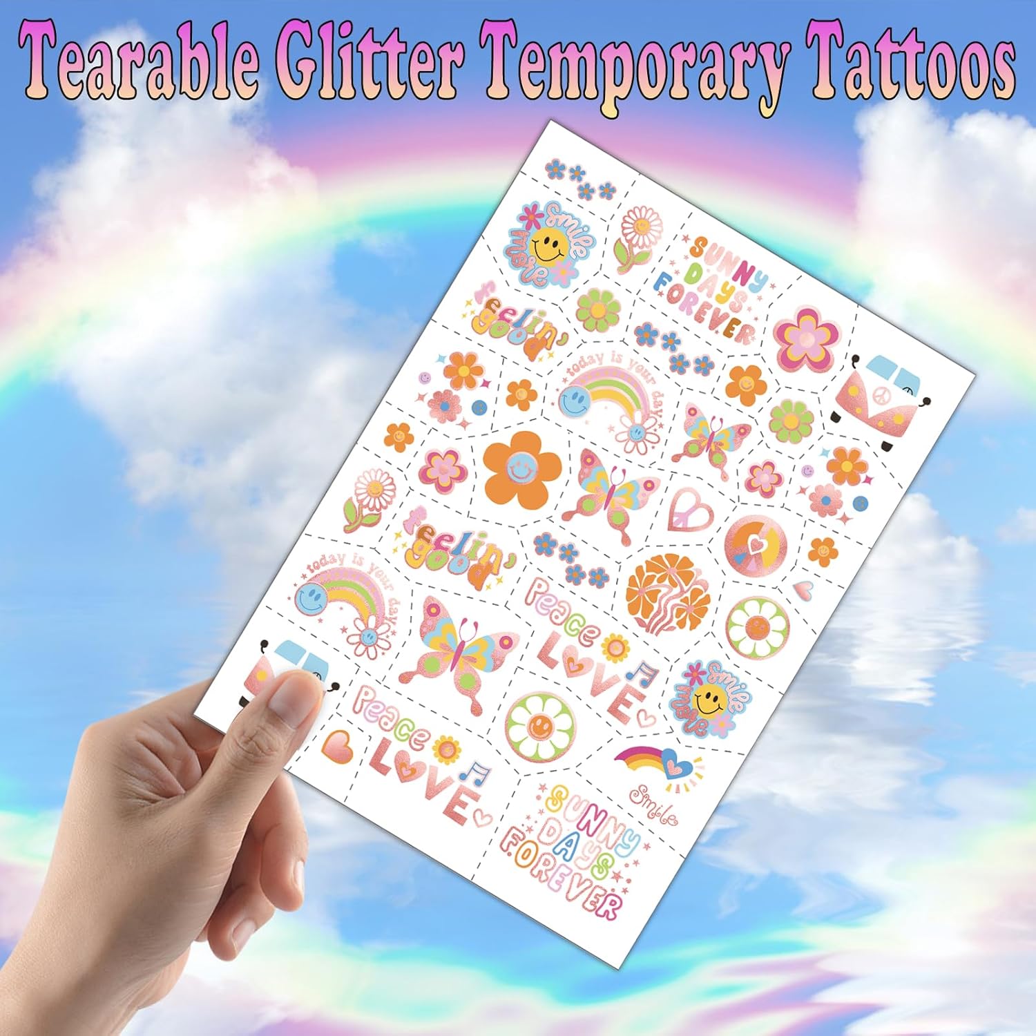 Tatuajes temporales Groovy, 177 tatuajes falsos con purpurina para niños, calcomanías de tatuajes para niños y niñas, diseño de margaritas hippie,