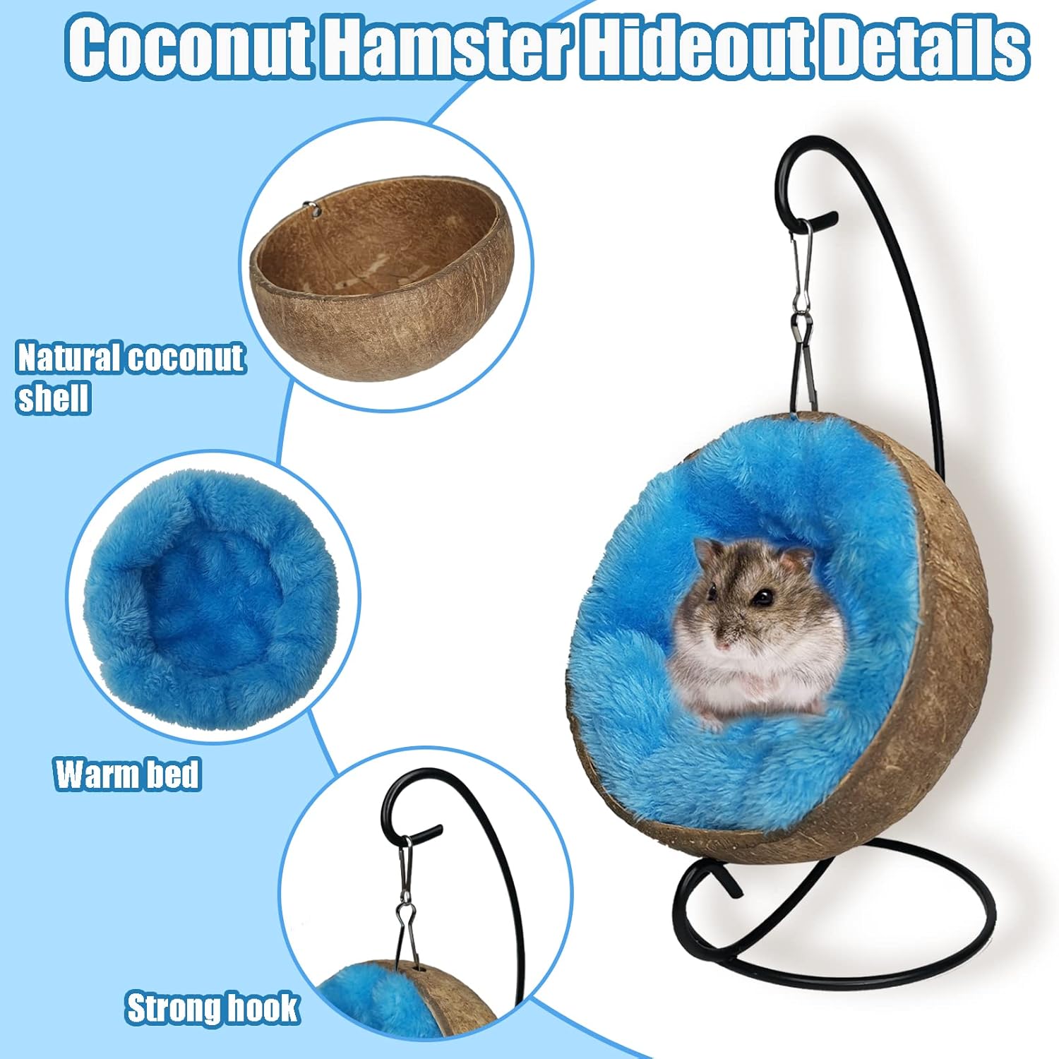 Fhiny Hamaca escondida de hámster de coco, casa de cama de cáscara de coco cruda natural con almohadilla cálida, decoración de hábitat de animales