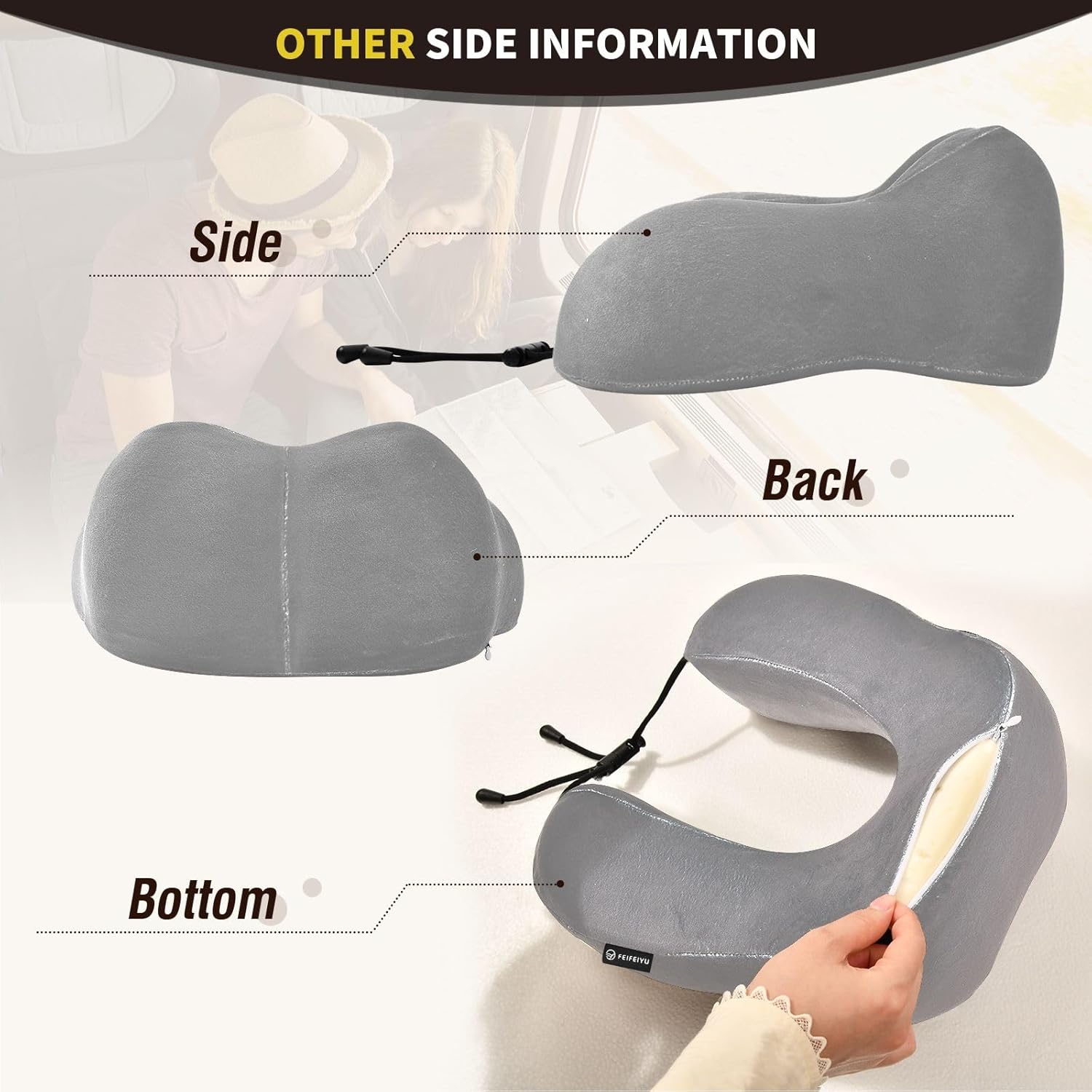 Almohada en forma de U de espuma de memoria gris, con bolsa de almacenamiento con cordón, almohada para el cuello, viaje en avión