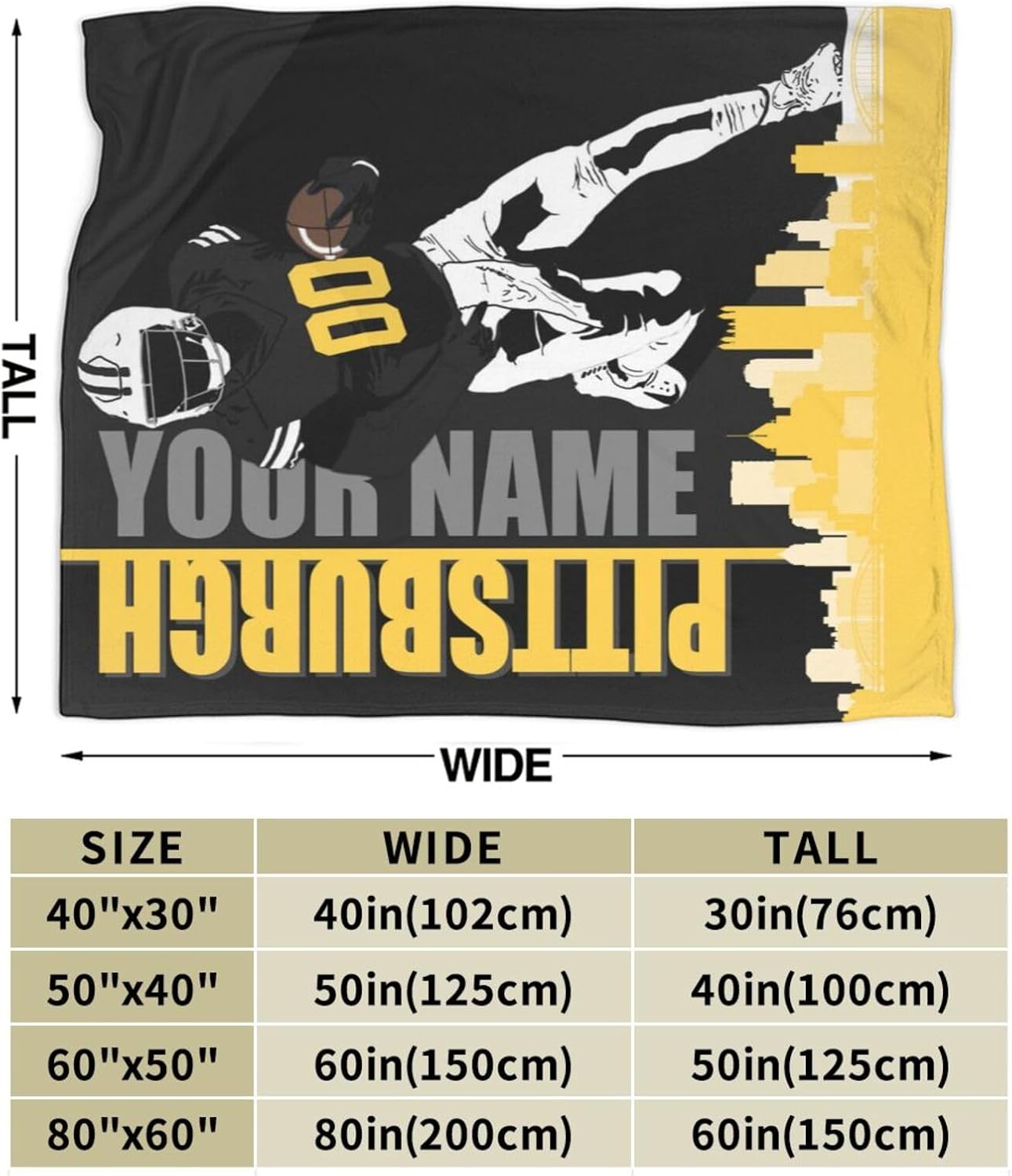 Pittsburgh – Manta de franela con nombre y número personalizados para hombres, mujeres y niños, regalo de decoración de estilo de fútbol, 40 x 50