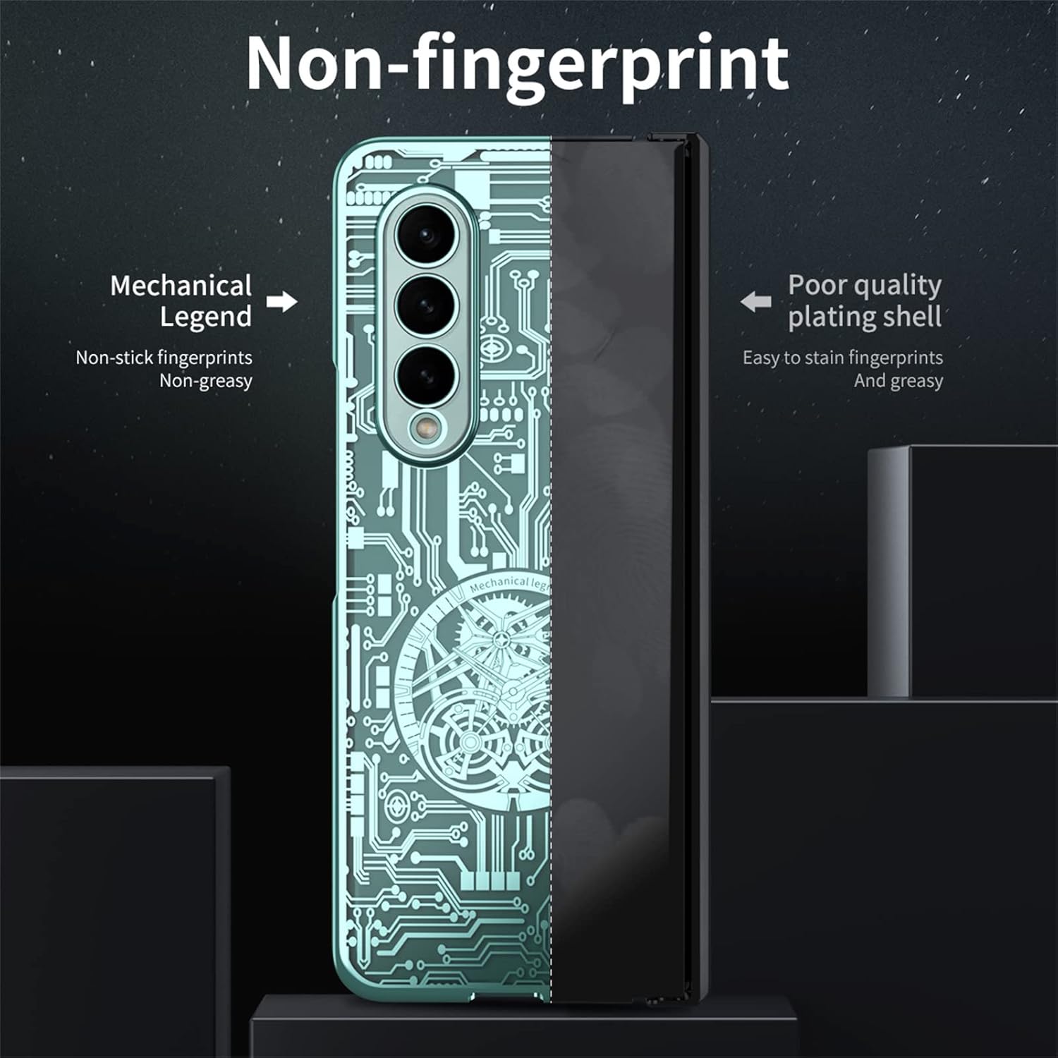 Funda para Samsung Galaxy Z Fold 4 5G, patrón de engranaje mecánico, protección de bisagra, cubierta de policarbonato chapado transparente con