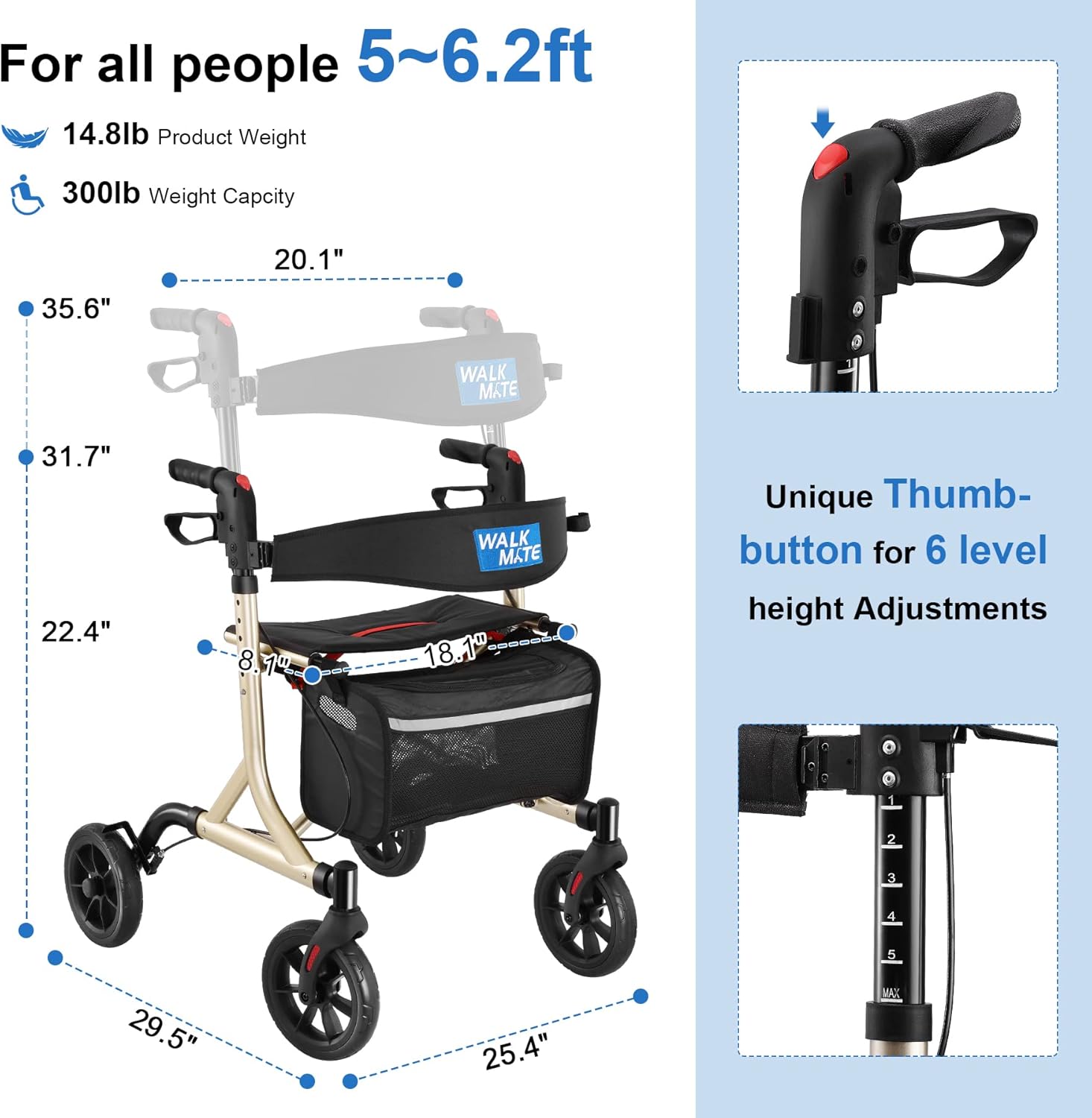 WALK MATE Andador con ruedas para personas mayores con soporte para tazas, botón de presión de pulgar mejorado para ajuste de altura, ruedas de 4 x