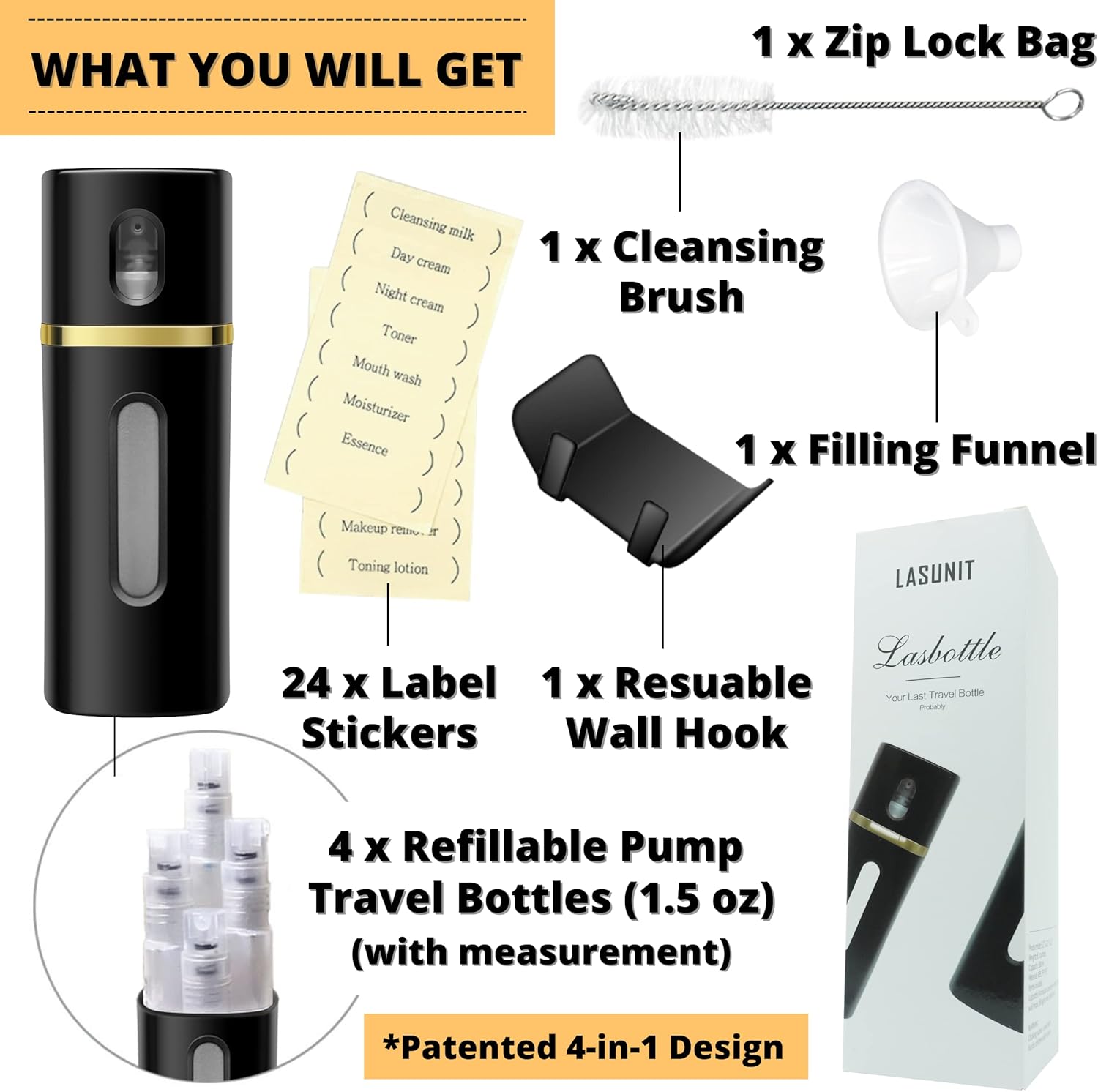 LASBOTTLE – Botella de viaje 4 en 1, accesorio de viaje, dispensador de líquido, botella de viaje, botella a prueba de fugas, jabón cosmético para