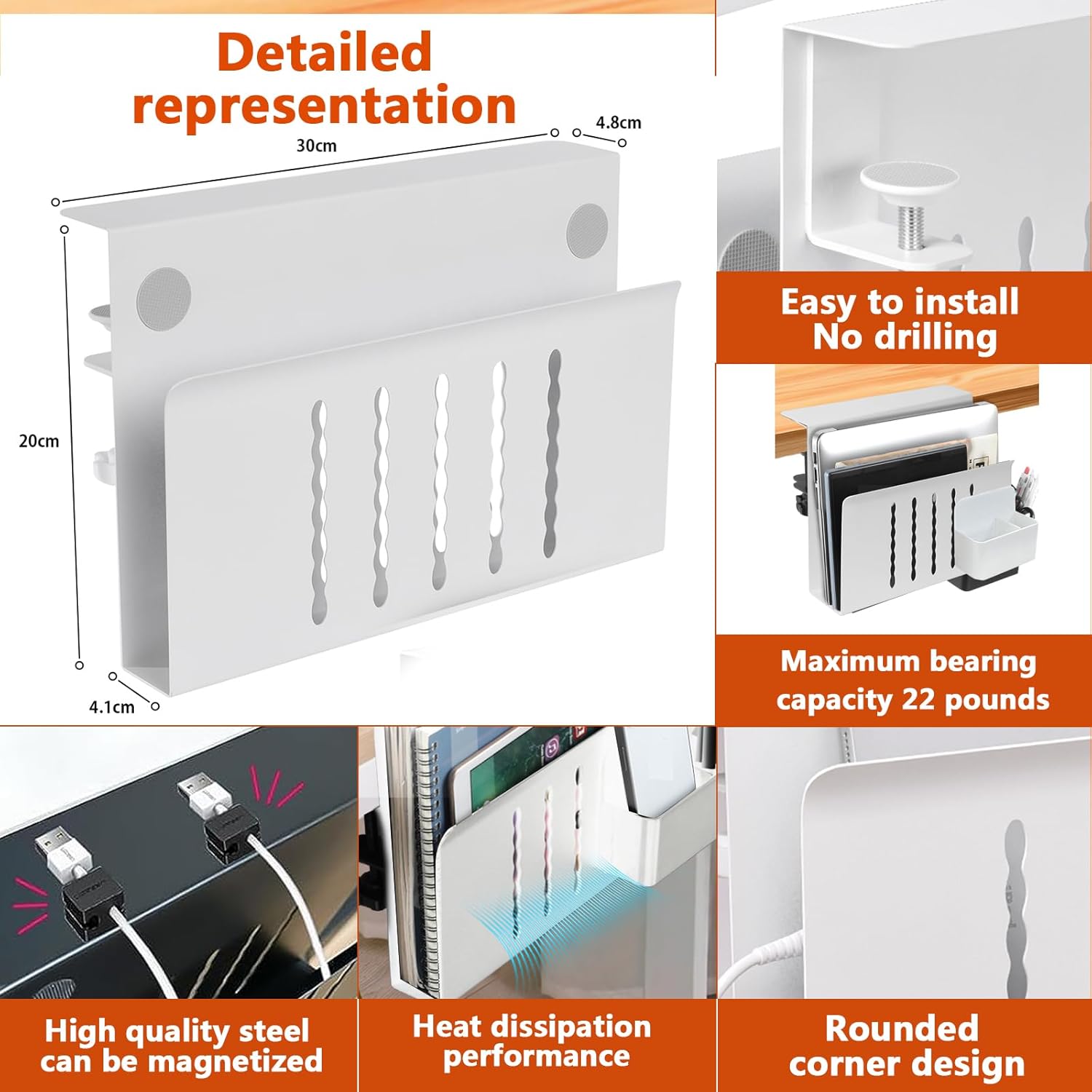 Almacenamiento lateral de escritorio, soporte vertical para laptop debajo del escritorio, organizador de escritorio colgante sin taladros, bandeja