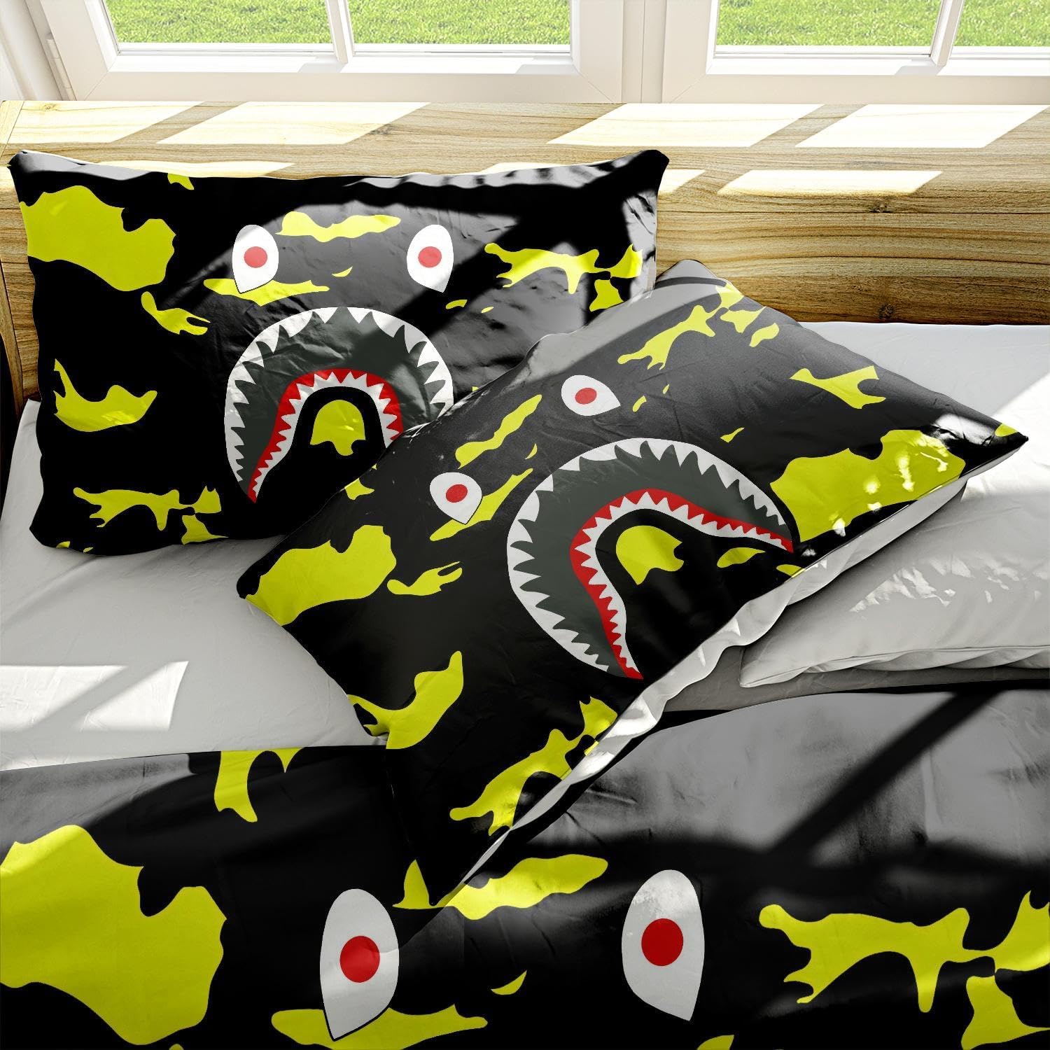 Juego de funda de edredón de tiburón camuflaje con estampado 3D para decoración de habitación, juego de ropa de cama supersuave de 3 piezas (1 funda