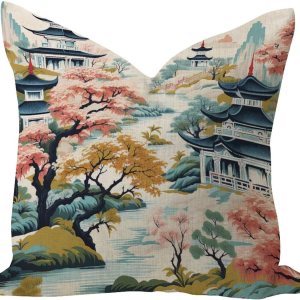Chinoiserie – Funda de almohada transpirable con diseño de pagoda asiática, color blanco, azul coral, para interiores, diseño de pájaros escénicos, Chinoiserie – Funda de almohada transpirable con diseño de pagoda asiática, color blanco, azul coral, para interiores, diseño de pájaros escénicos,