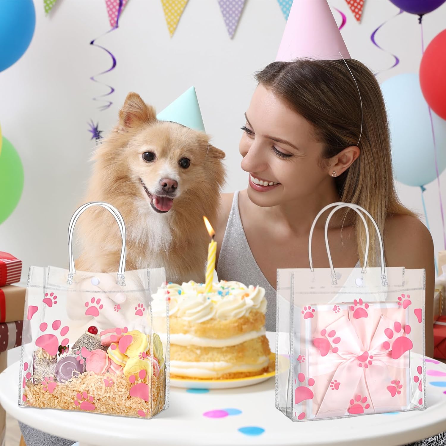 Teling Paquete de 20 bolsas de regalo de PVC transparente con asa de perro con asa, bolsas de plástico reutilizables, bolsas de regalo transparentes