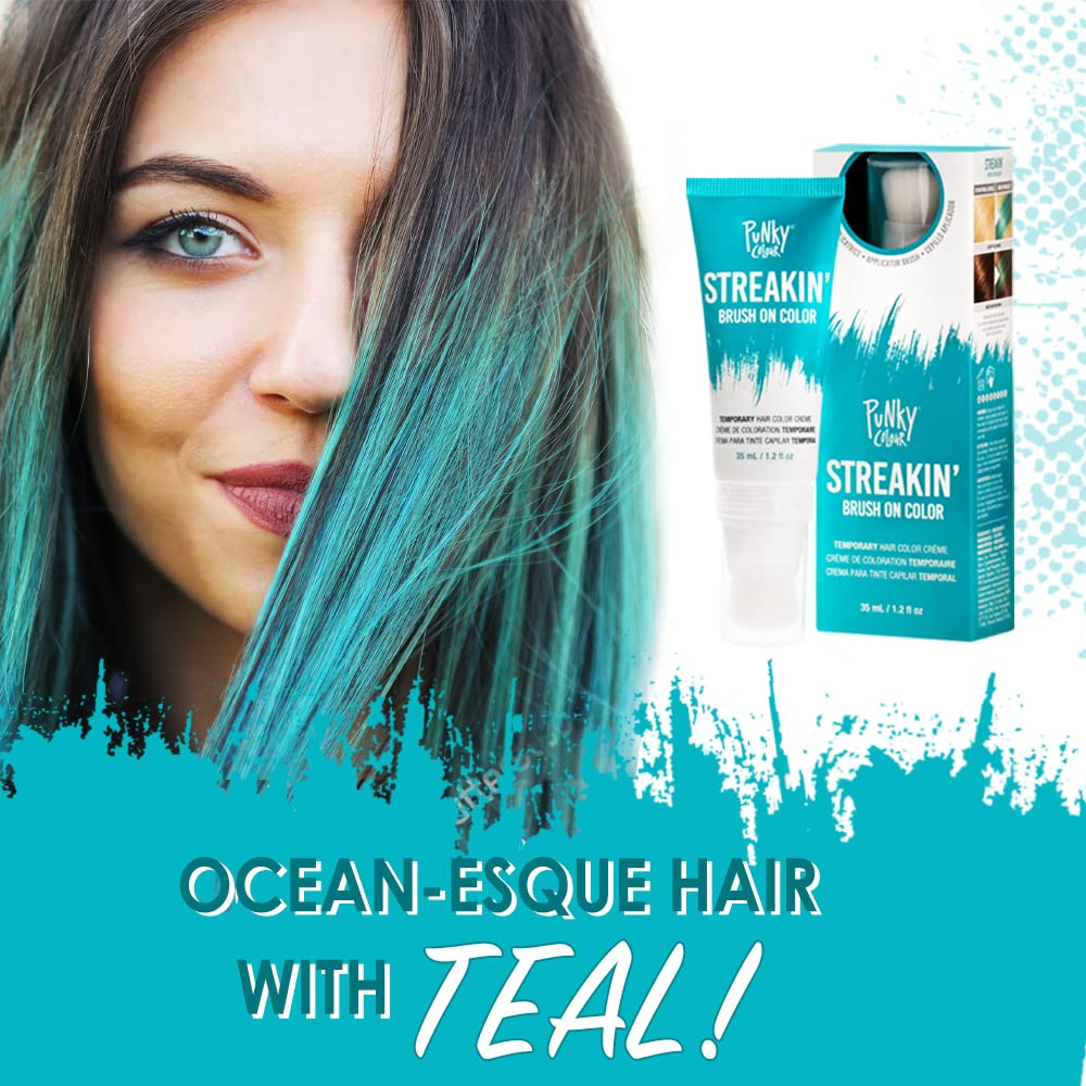 Punky Colour Streakin’ Brush on Color verde azulado, color crema temporal para el cabello, instantáneo, peinado de bricolaje, vibrante, agarre
