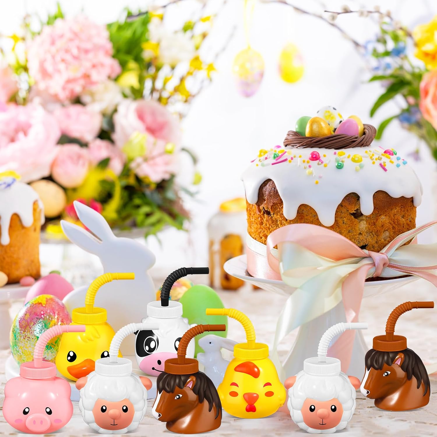 Juego de 12 tazas de animales de granja con pajitas y tapas, 11 onzas, de plástico, reutilizables, con temática de animales, lindos vasos para