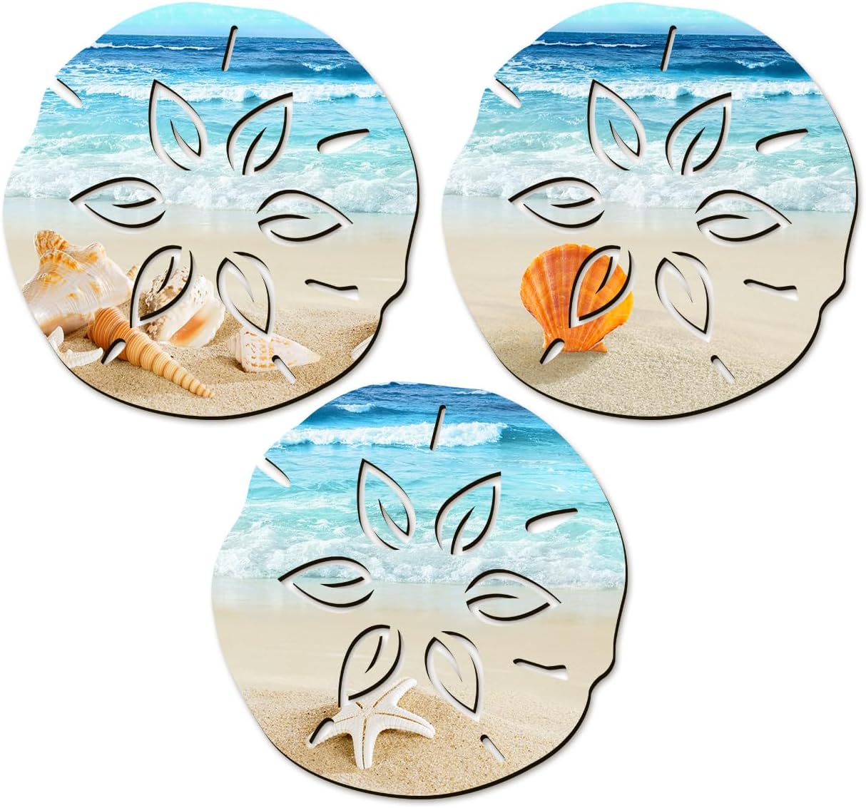 3 piezas de decoración de pared de dólar de arena de madera al aire libre, arte de pared costero de océano, playa, decoración de pared de mar,