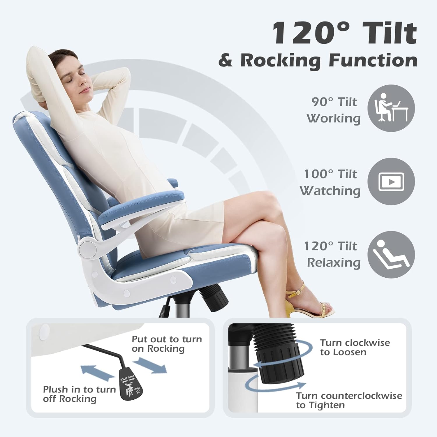 SEATZONE Silla de oficina azul ergonómica de cuero ejecutivo silla de escritorio pequeña linda silla de trabajo rodante para adolescentes y adultos