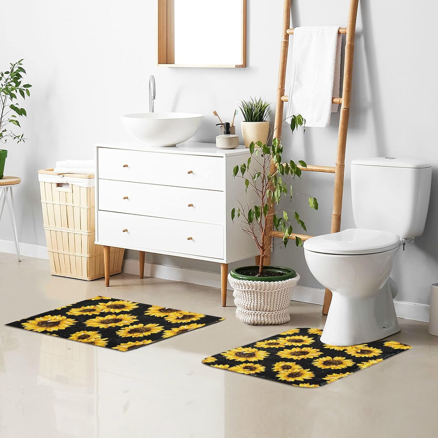 Alfombra de baño negra con girasoles, alfombra de baño suave, absorbente, alfombra de baño, alfombra de baño, alfombra de baño lavable,